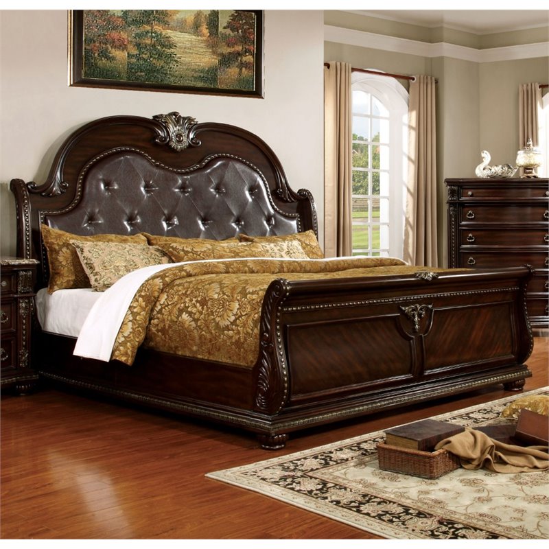 Bowery Hill Traditional Wood Panel King Bed with Faux Leather in Cherry