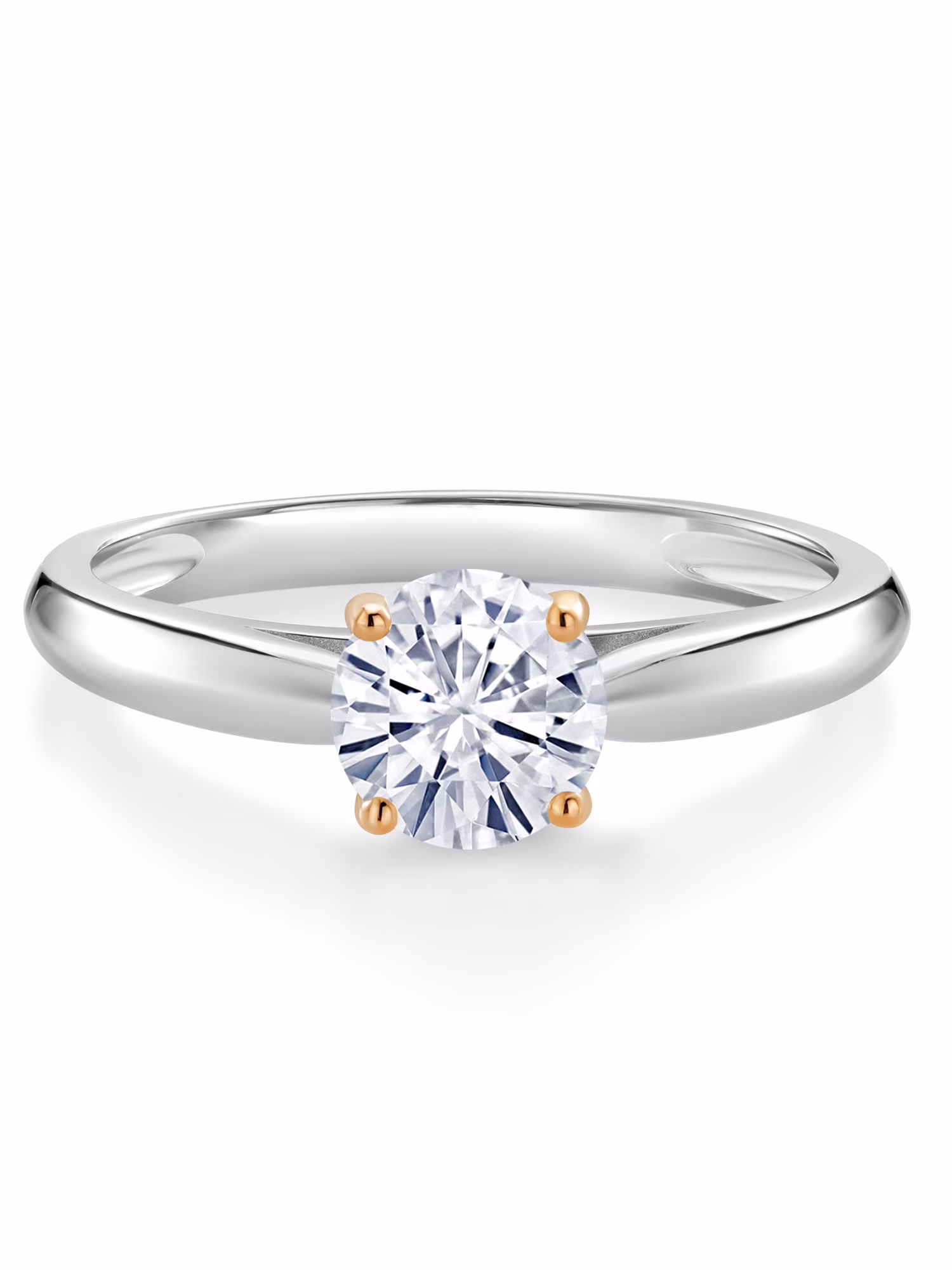 925 Sterling Silver with 10K Yellow Gold White Moissanite from Charles & Colvard Solitaire Engagement Ring For Women (0.80 Cttw, Gemstone Birthstone, Round 6MM, Available In Size 5, 6, 7, 8, 9)