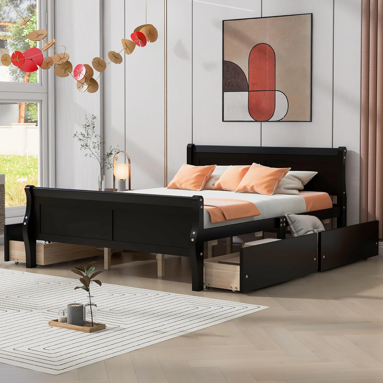 Wood Platform Bed, Quee Size Platform Bed With 4 Storage Drawers, Platform Bed With Head Ad Footboard, Espresso