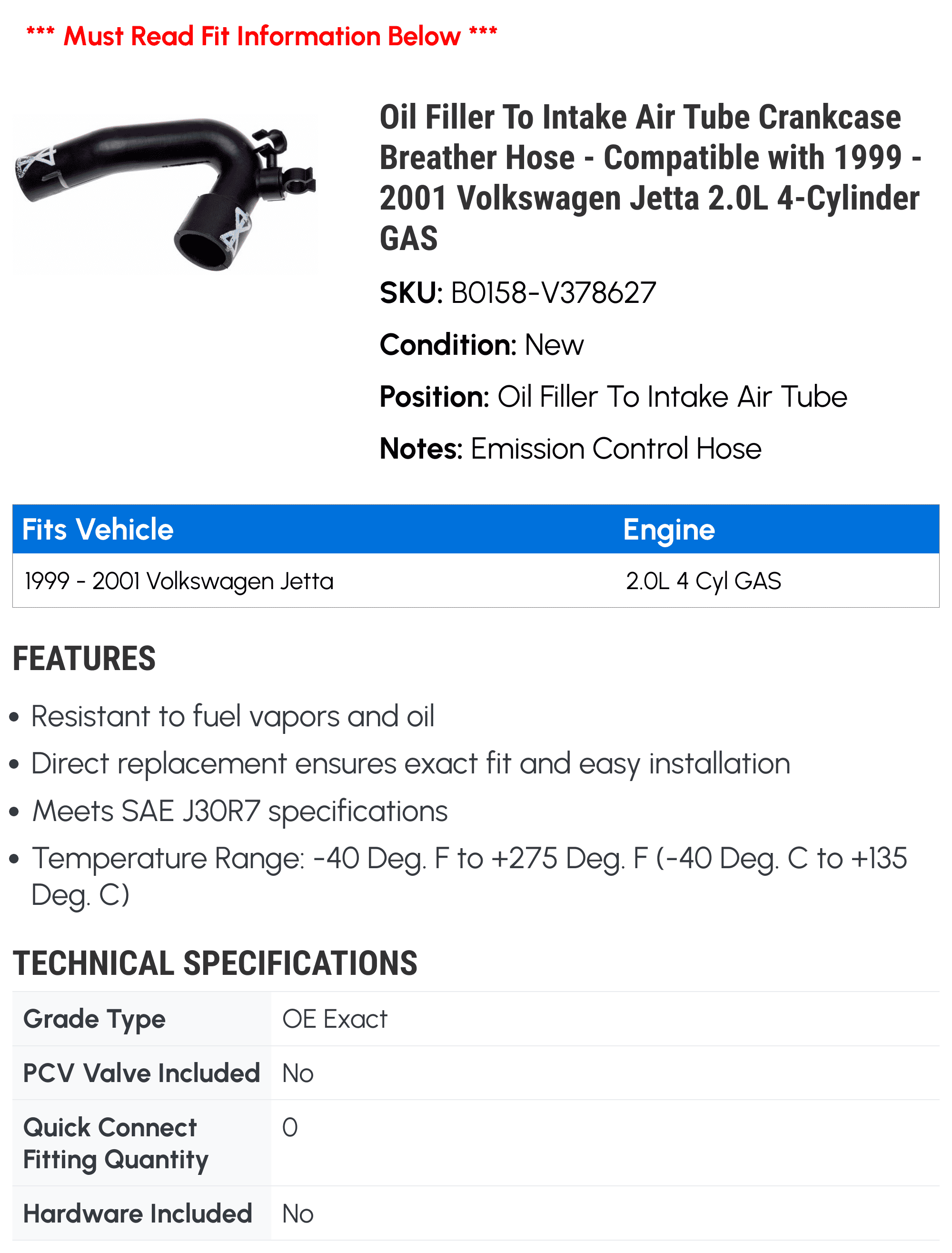 Oil Filler To Intake Air Tube Crankcase Breather Hose - Compatible with 1999 - 2001 Volkswagen Jetta 2.0L 4-Cylinder GAS 2000