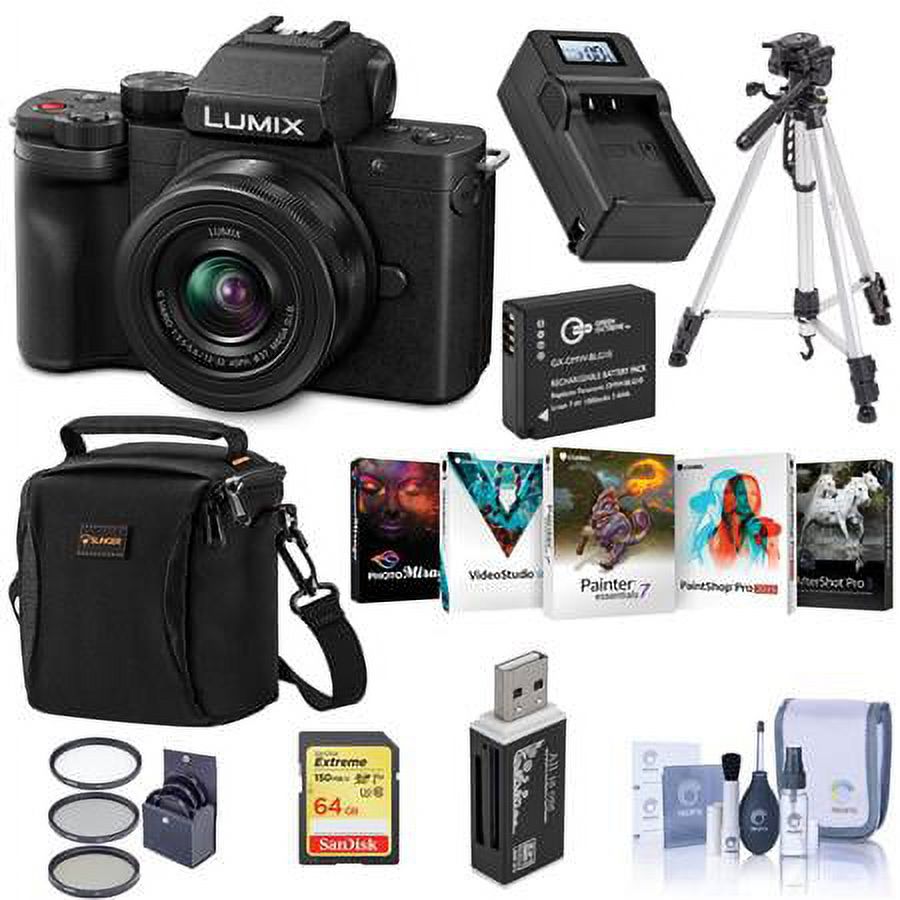 Lumix DC-G100 Mirrorless Camera Black with G Vario 12-32mm f/3.5-5.6 AS Lens - Bundle With 64GB SDHC Card, Soulder Bag, Spare Battery, Compact Charger, 37mm UV Filter, PC Software, And More