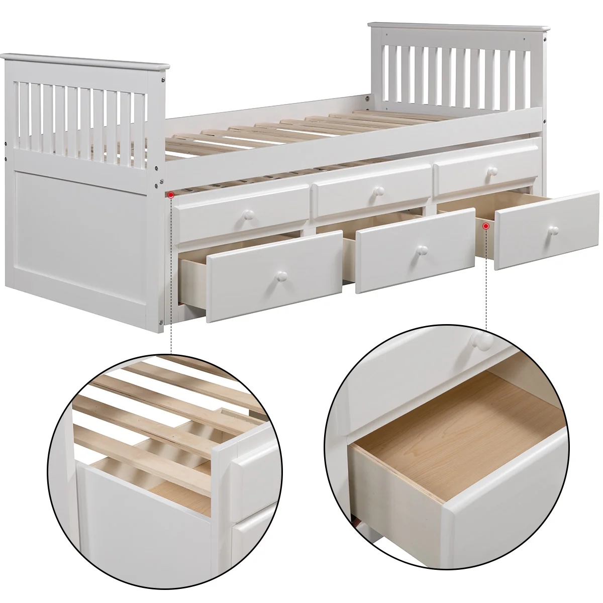 Twin Wood Captain's Bed, SEGMART Modern Style Storage Daybed with Trundle Bed and 3 Storage Drawers, Sturdy Durable Solid Wood Captain's Bed for Kid's Room, Teens, Easy Assembly, 300lbs, White, SS2560