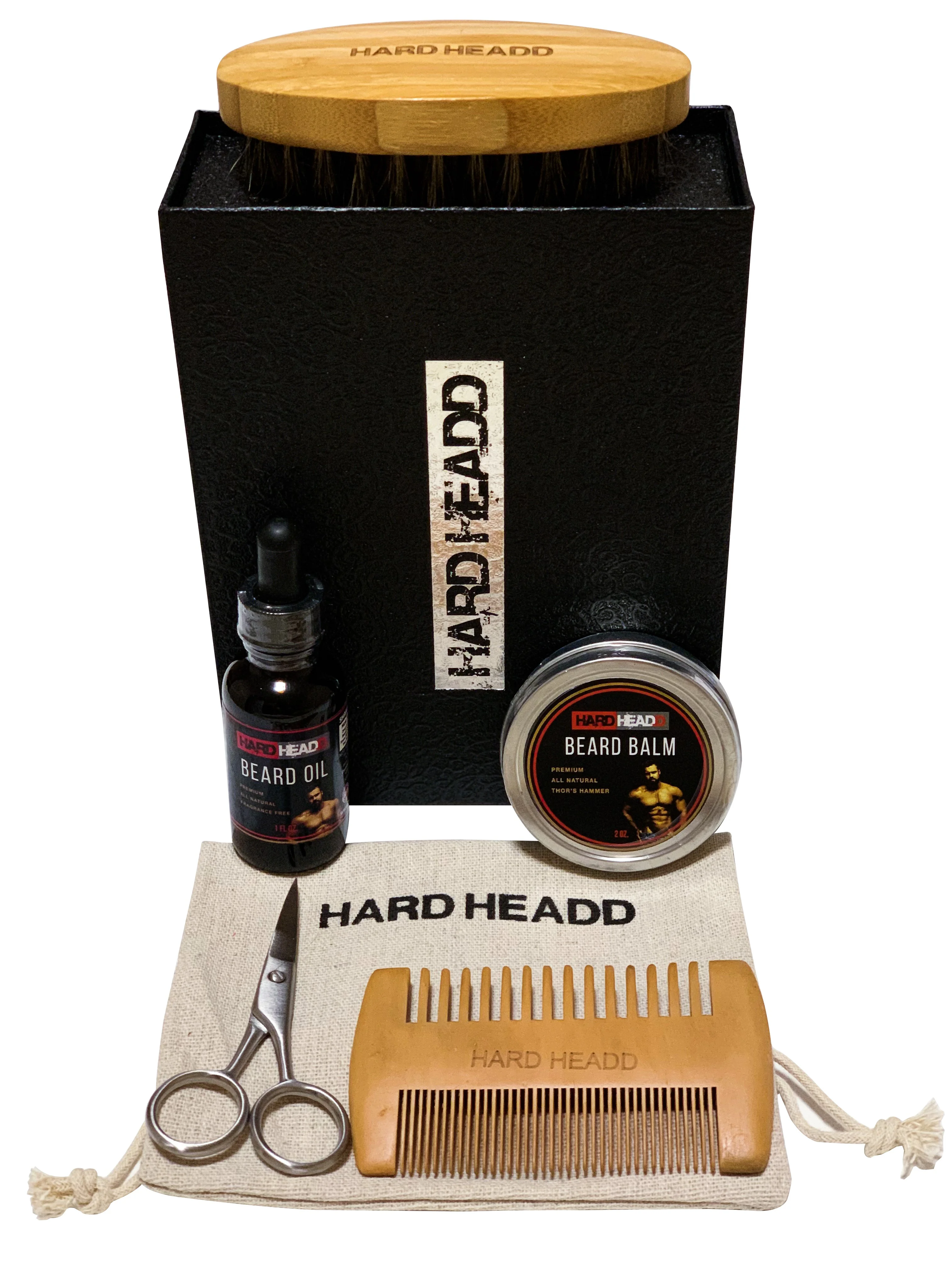 HARD HEADD Beard Oil Set - Includes Beard Oil - Beard Balm - Comb - Brush - Scissors - Carry Bag