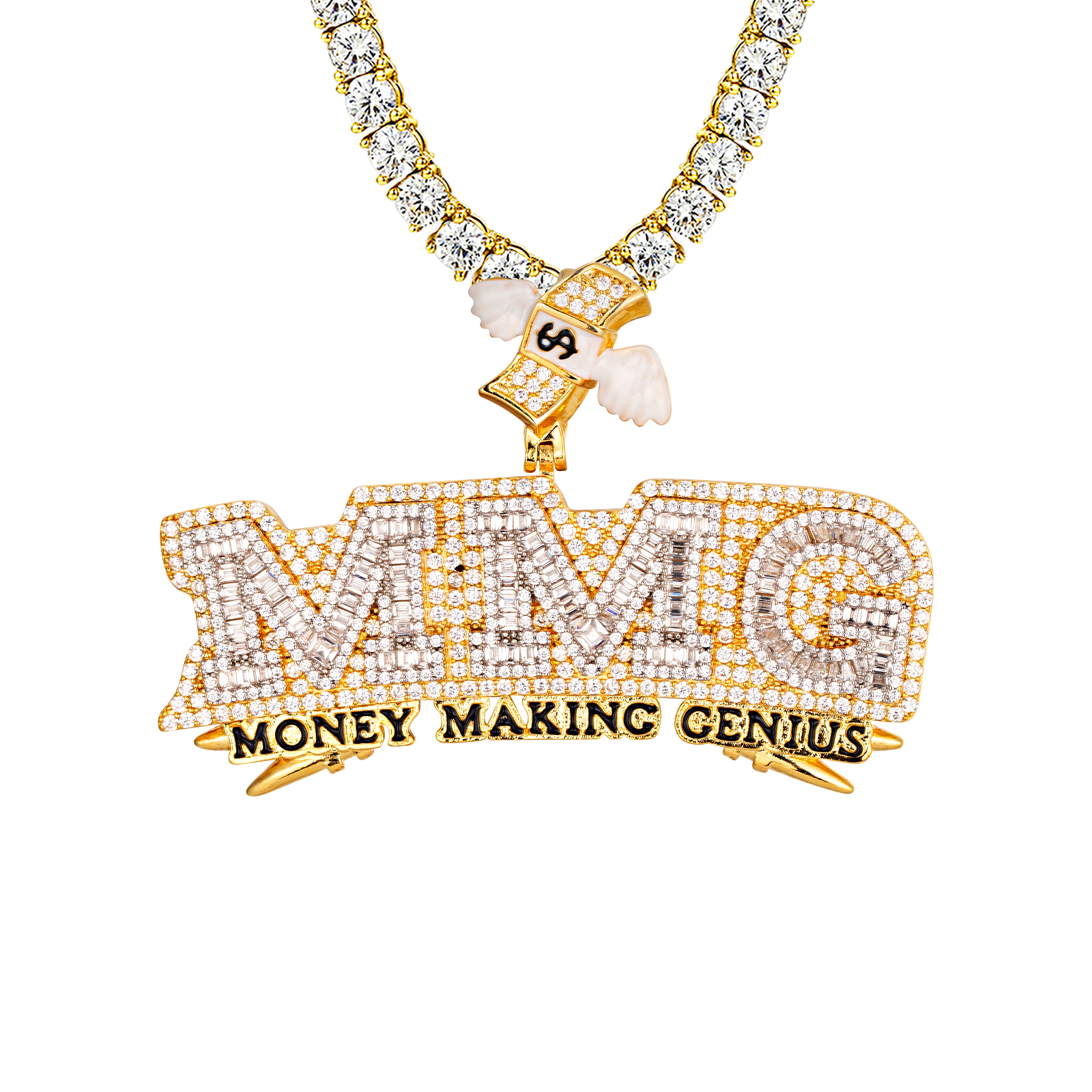 Mens 14K Gold Tone Money Making Genius Flying Bill Icy Custom Hip Hop Pendant 14K Yellow Gold Tone Tennis Chain