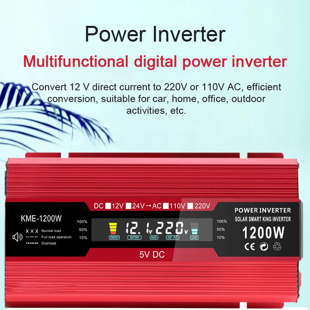 Andoer 1200W Car Power Inverter to AC Converter Solar Inverter LCD Digital Modified Sinewave Inverter with AC Outlets USB Charging Port On-Off Switch for Car RV Solar Panel