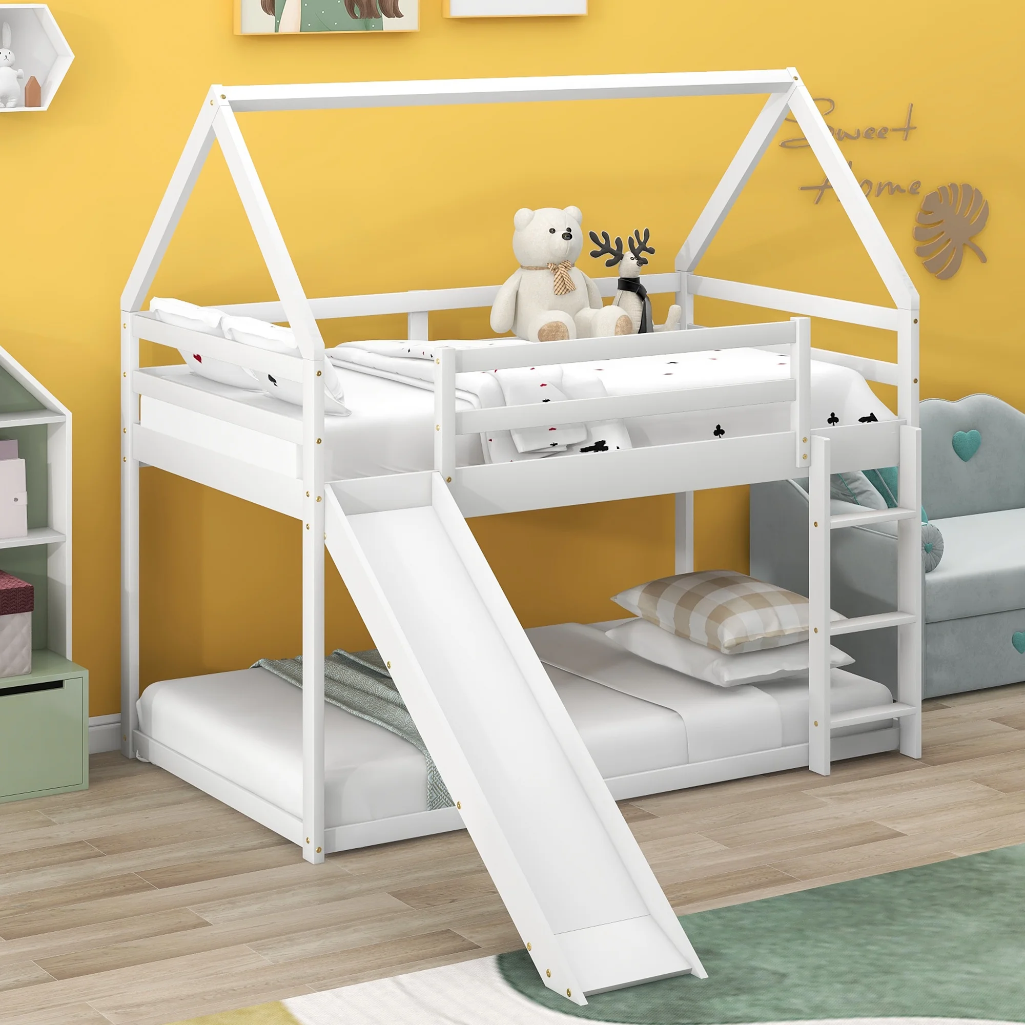 Euroco Pine Wood Bunk Bed, Twin-over-Twin with Slide for Bedroom, White