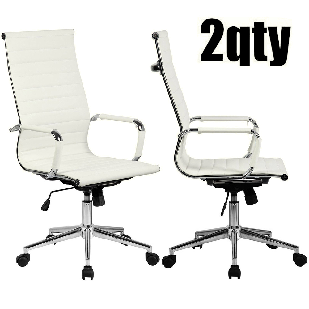 Homelala Set of 2 White Mid Century Modern High Back Ribbed PU Leather Tilt Adjustable Ergonomic Office Chair With Padded Arms Arm Rest Wheels Desk Task Back Support Lumbar Swivel Conference Design