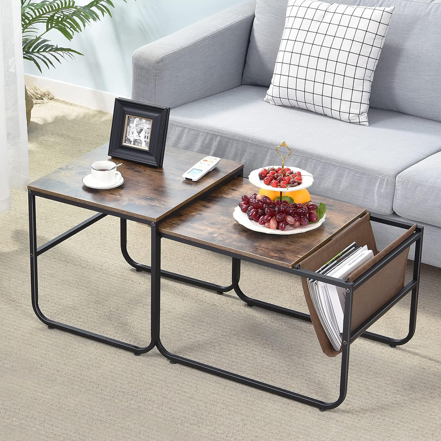 KBANZIBIU Set of 2 Nesting Tables  Stacking Sofa  with Side Pocket  Bedside Table  End Tables with Metal Frame  Coffee Tea Tables for Living Room  Home  Bedroom