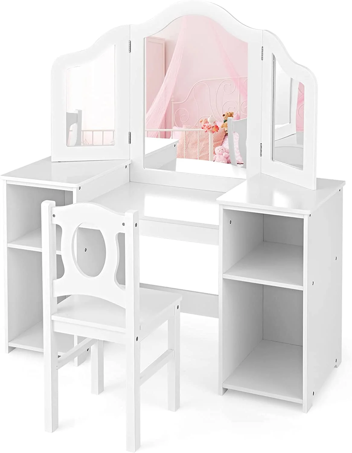 INFANS Kids Vanity, 2 in 1 Princess Makeup Desk & Chair Set with Tri-Folding Detachable Mirror, Large Storage Shelves, Wooden Dressing Table, Pretend Play Vanity Set for Girls