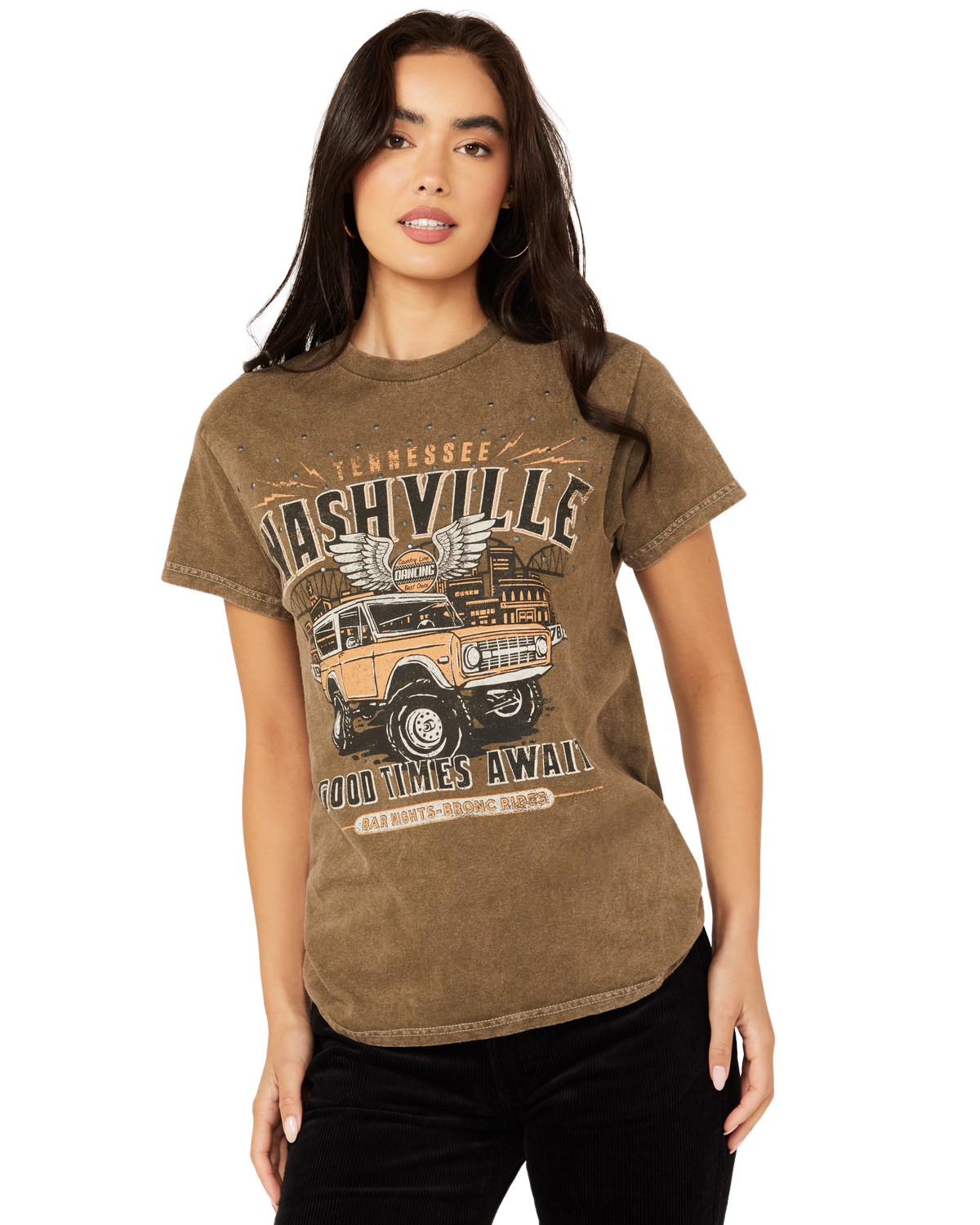 Youth In Revolt Women's Nashville Embellished Car Short Sleeve Graphic Tee Green Medium  US
