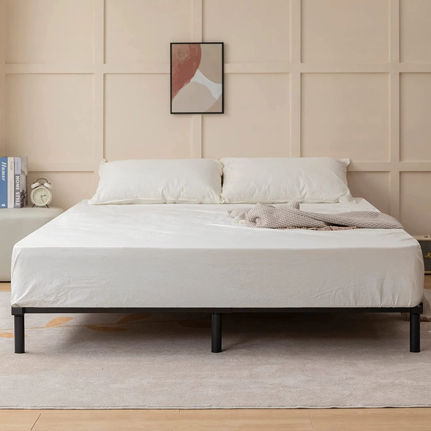 Popular Bed Frame  7 Inch Metal Platform Bed Frame Queen Size No Box Spring Needed  Floor Bed Frame with Steel Slat Tool-Free Easy Assembly Non-Slip Mattress Foundation  9-Leg Heavy Duty