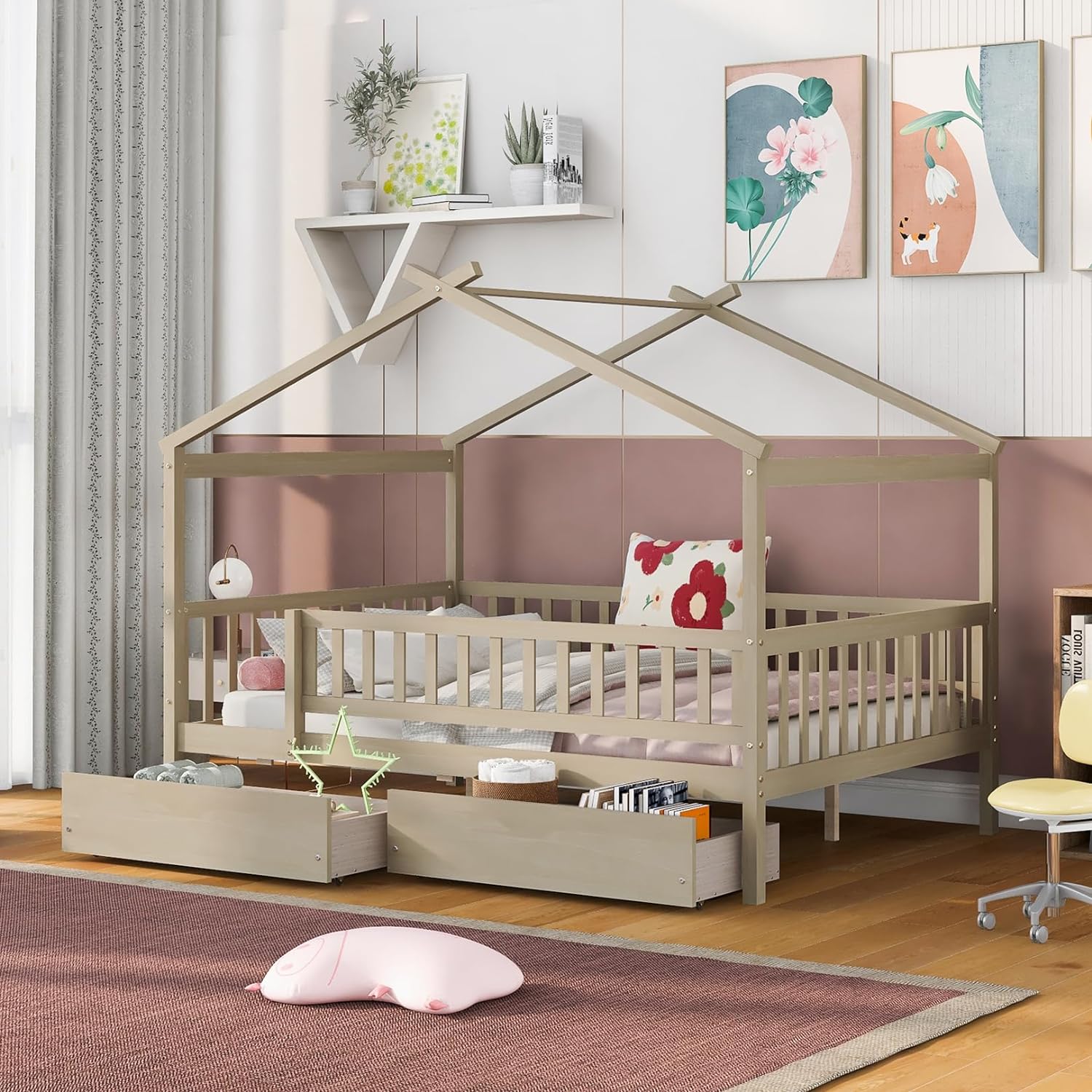 Full Size Wooden House Bed Frames with 2 Storage Drawers, Sturdy Simple House Platform Bed with Solid Wood Slat Support, No Box Spring Needed for Bedroom Small Living Space Boys Girls