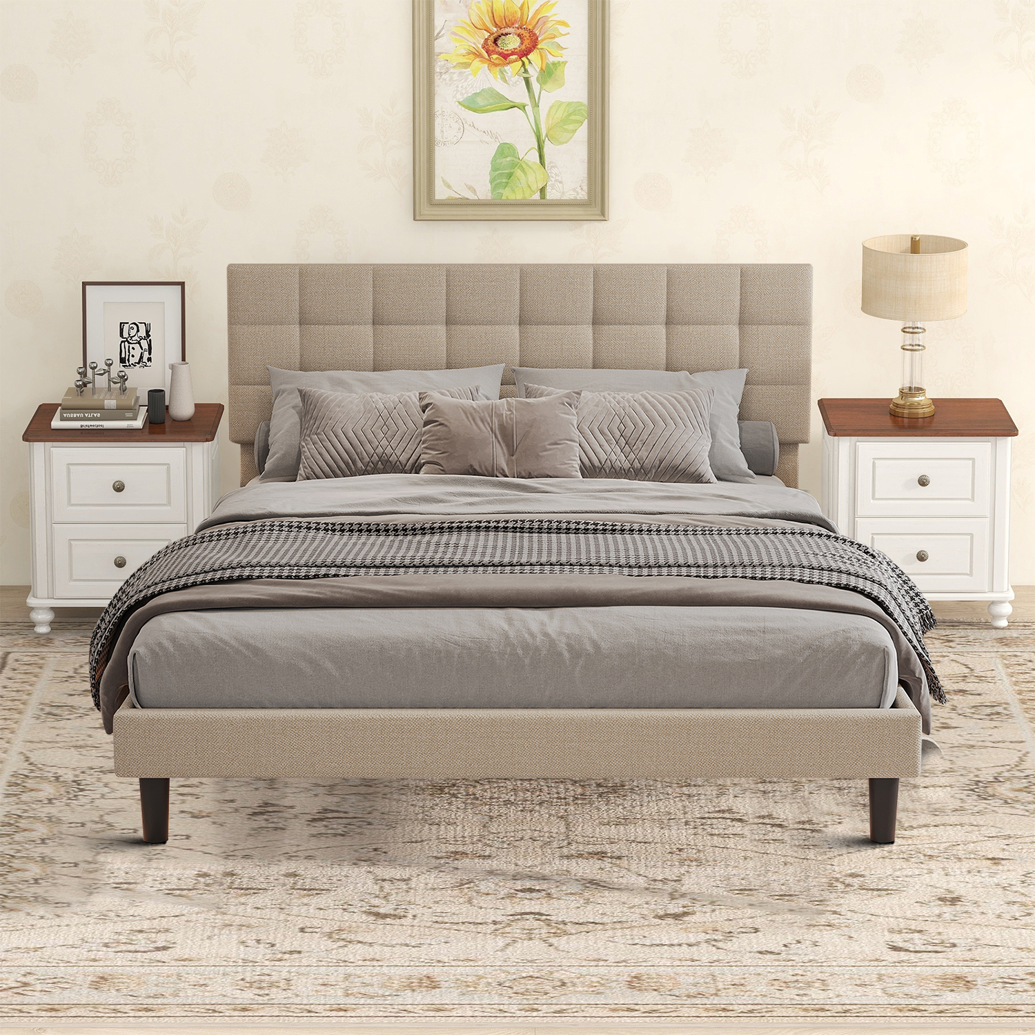 Modern and Elegant Linen Fabric Queen Size Upholstered Platform Bed with Adjustable Headboard and Wooden Frame, Beige