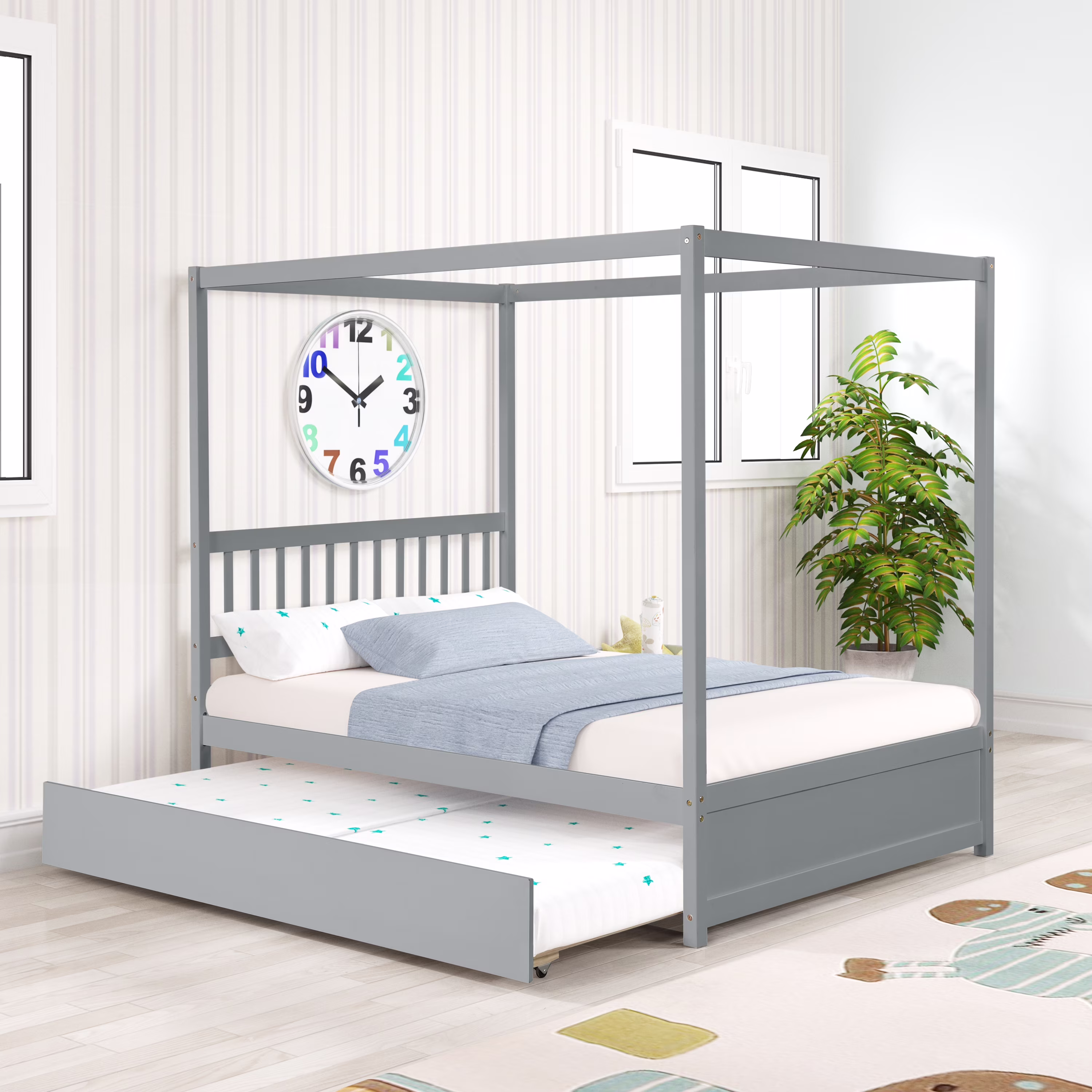 Euroco Pine Wood Canopy Bed, Full for Kids Room, Gray