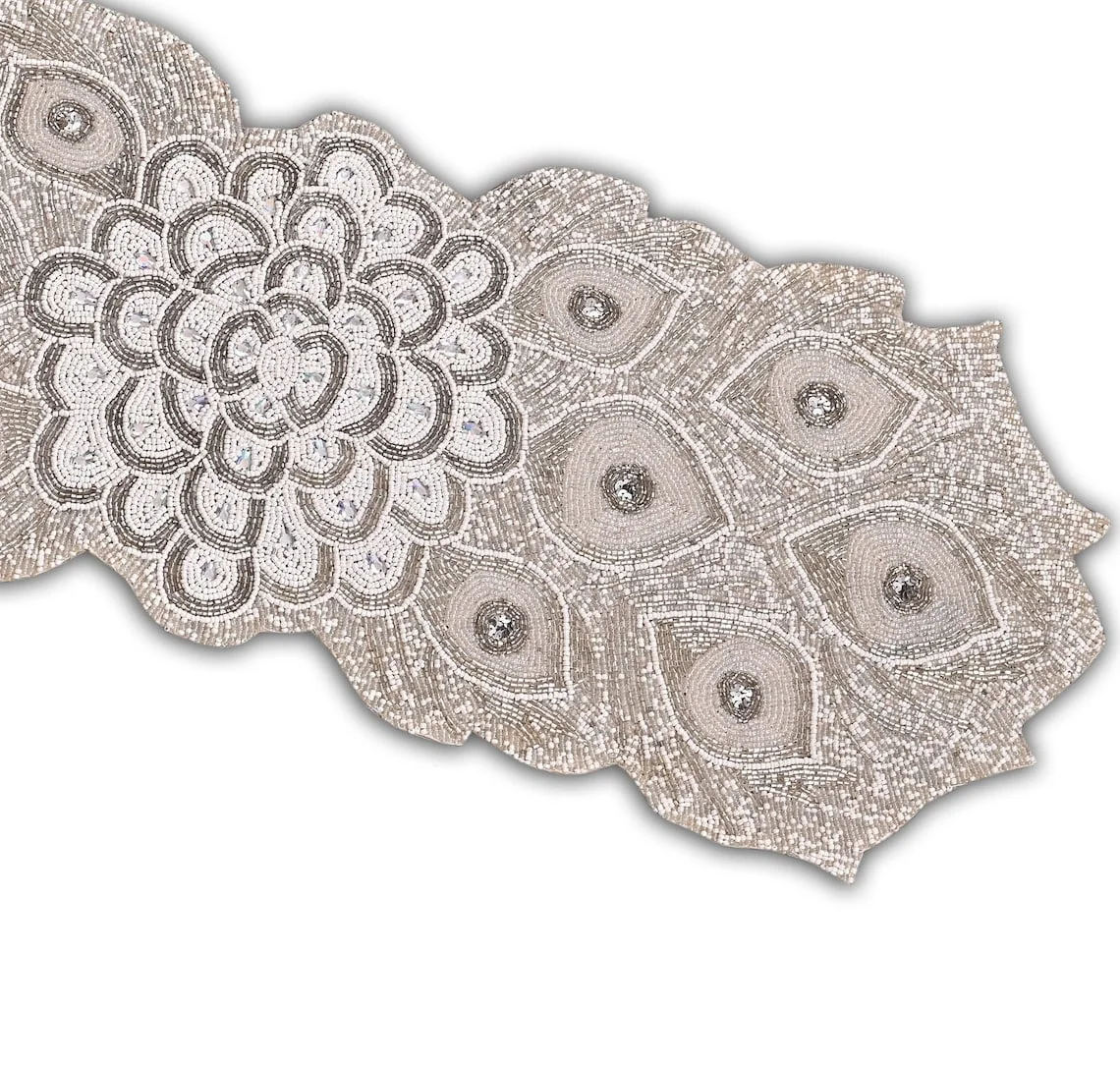 Handmade Beaded Table Runner, Peacock Feather Design Table Topper, Designer Tableware 13X36 Inch