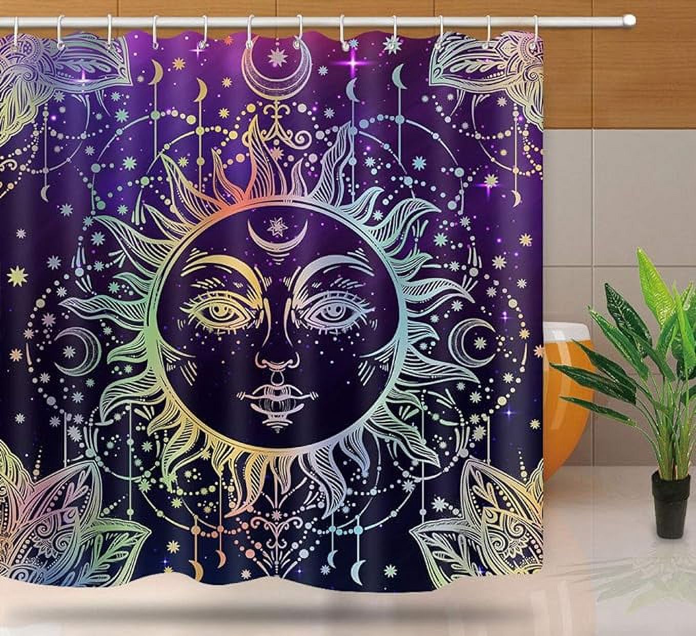 NTETSN Sun Moon Shower Curtain, Burning Sun with Star Psychedelic Theme Bath Curtain, Washable Upgrade Polyester Fabric for Bathroom Set with Hooks, Purple YLYYNT7-60(6072)
