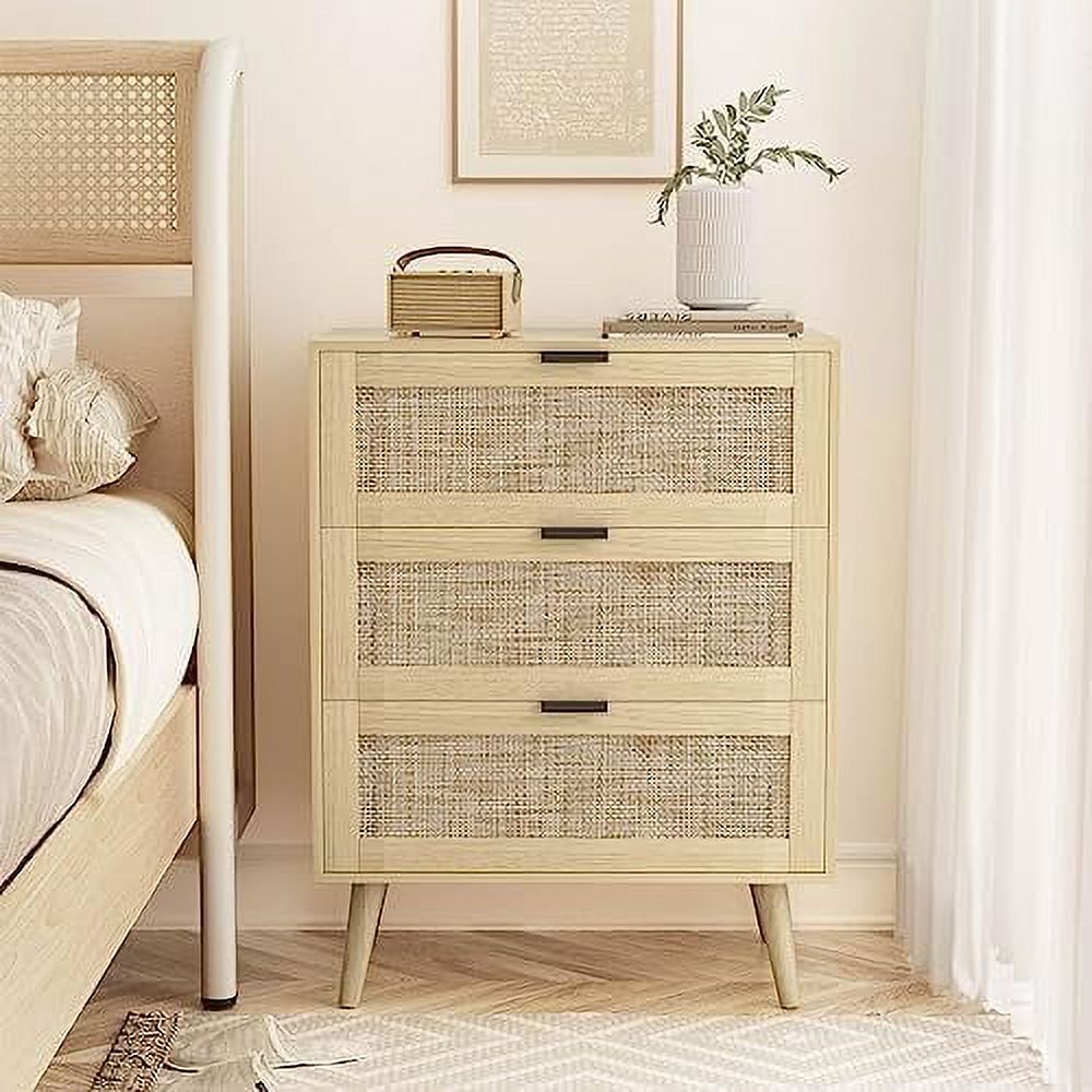 TJUNBOLIFE 3 Drawer Dresser Chests for Bedroom  3 Drawer Nightstand   Rattan Small Dresser Cabinet of 3 Drawers with Solid Wood Legs & Metal Handles