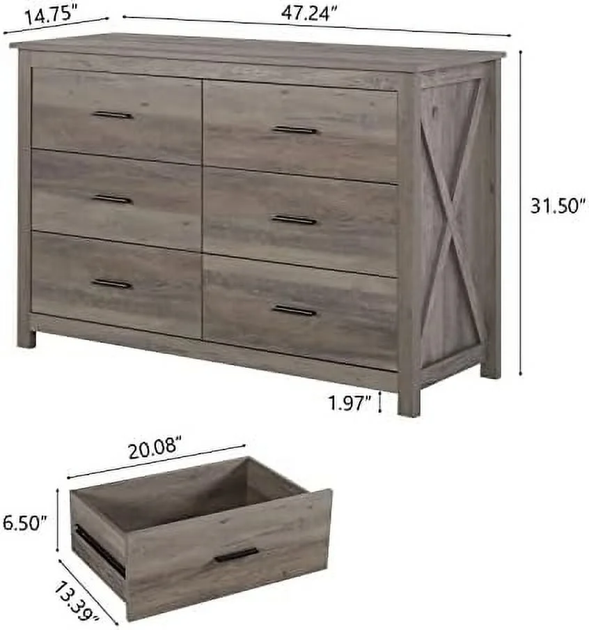  6 Drawer Dresser - Farmhouse Dressers for Bedroom  Wooden Double Dresser   Dressers Organizer for Bedroom Nursery  Living Room  Hallway  Entryway  Horizontal Dresser  Grey