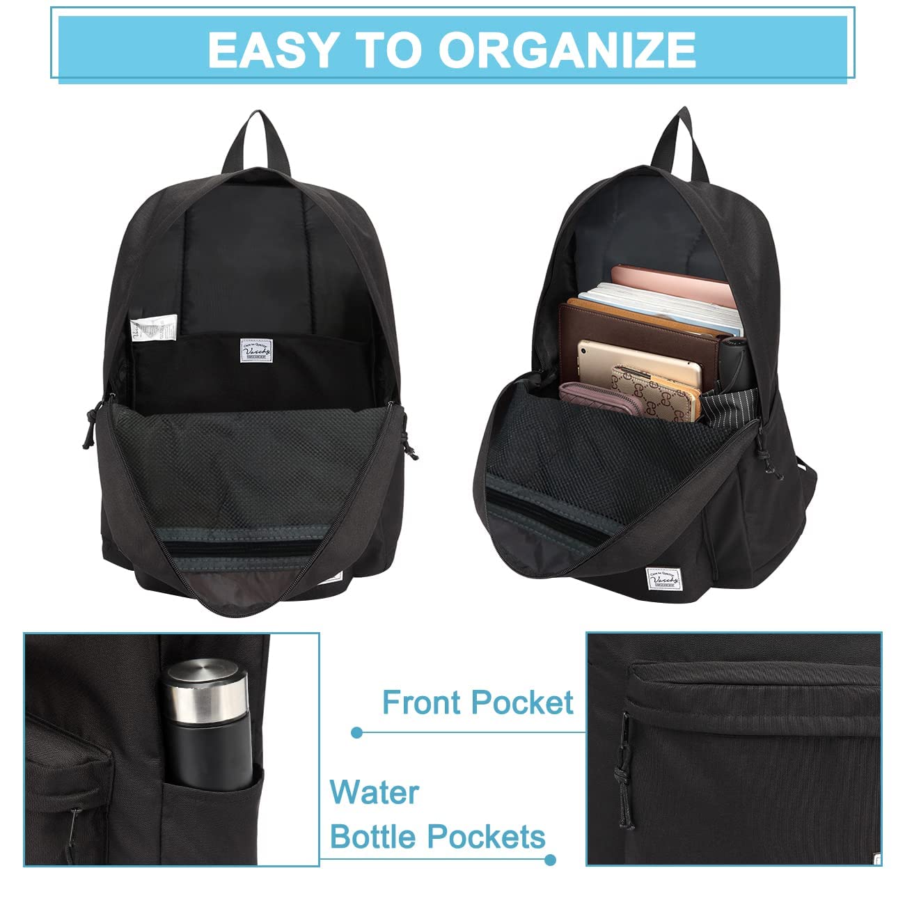 FOAUUH Backpack for Men and Women Lightweight School Bag Casual Daypack 20 Liters Basic Water Resistant Foldable Rucksack for Travel, Sports, Hiking with Two Bottle Pockets, Black