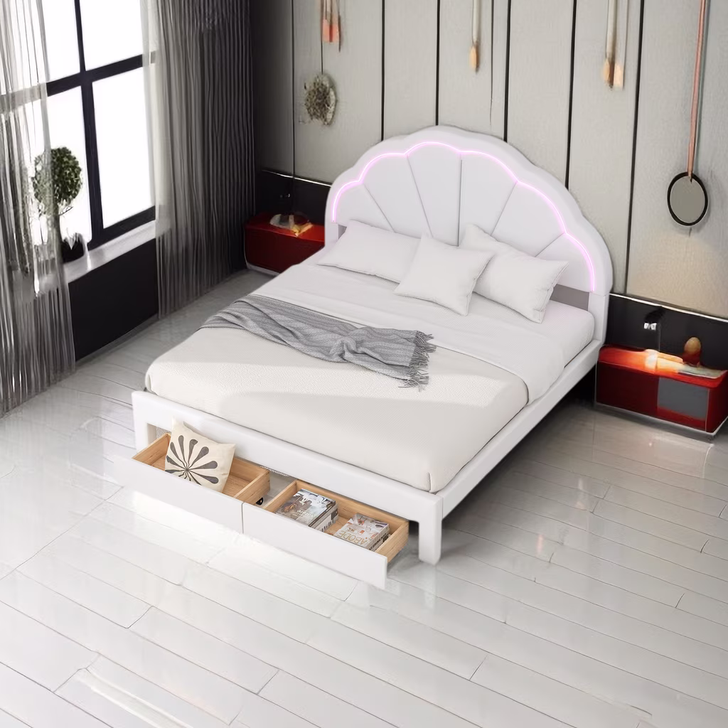 Queen Size Upholstered Platform Bed Frame for Boys Girls Kids Adults Toddler with Seashell Shaped Headboard, LED and 2 Drawers