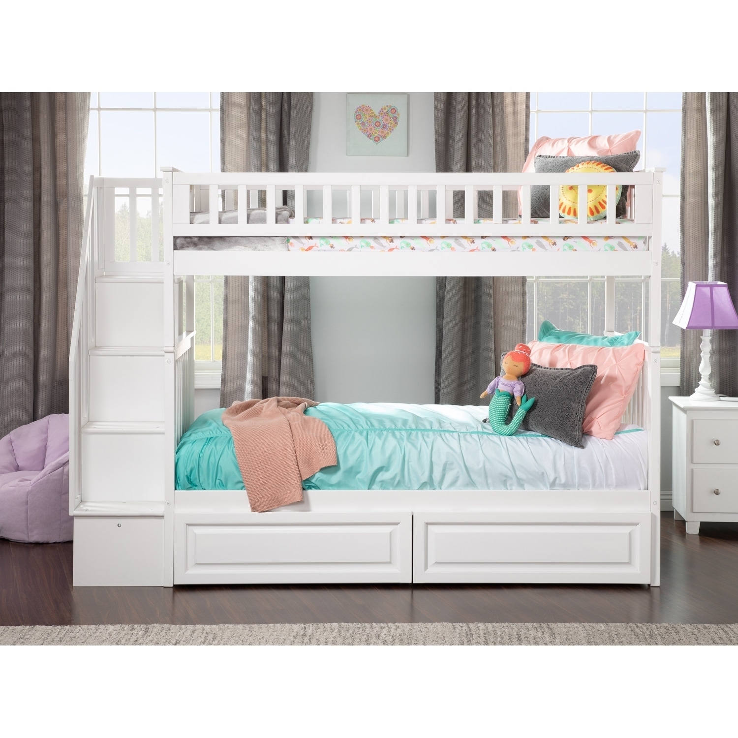 AFI Woodland Staircase Bunk Bed Twin over Twin with 2 Drawers in White