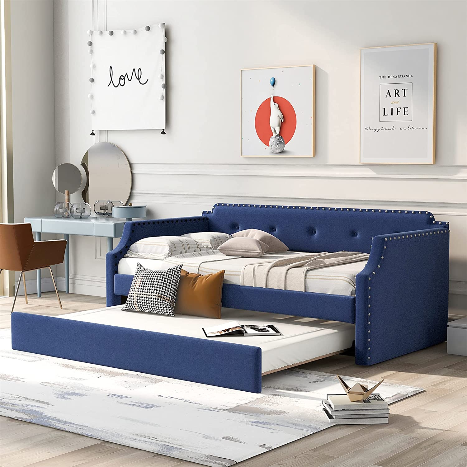 Size Upholstered Daybed With Trundle, Upholstered Daybed Sofa Bed Frame For Living Room Bedroom, Blue