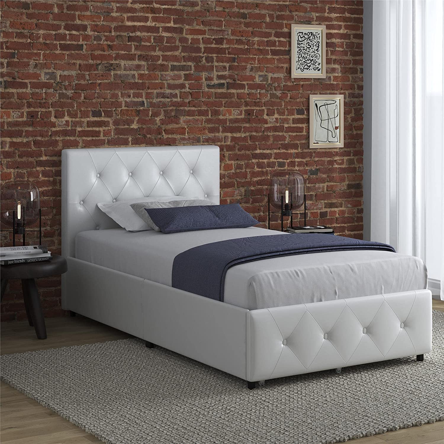 LIHONG Upholstered Platform Bed with Underbed Storage Drawers and Diamond Button Tufted Headboard and Footboard, No Box Spring Needed, Twin, White Faux Leather