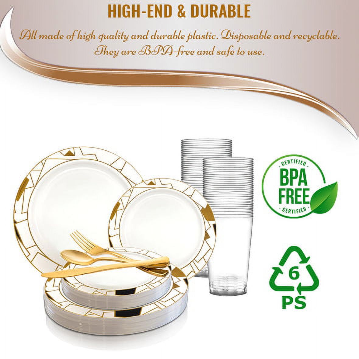 Samrty White with Black and Gold Abstract Squares Pattern Round Disposable Plastic Wedding Value Set, 720 ct