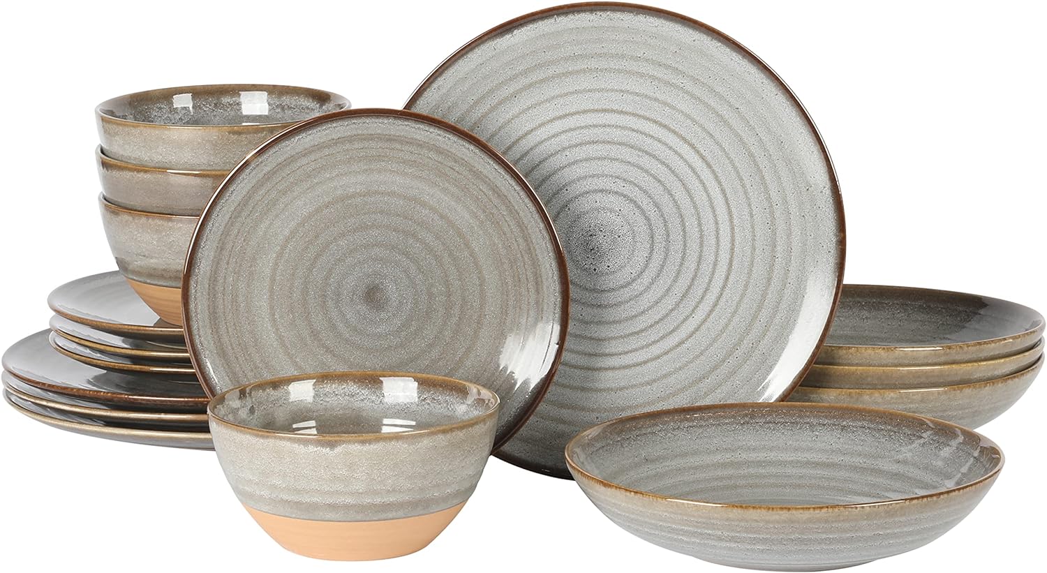 16 Piece Double Bowl Dinnerware Set: Double Your Dining Delight Stoneware Matte Gray Service for 4 Dessert plates