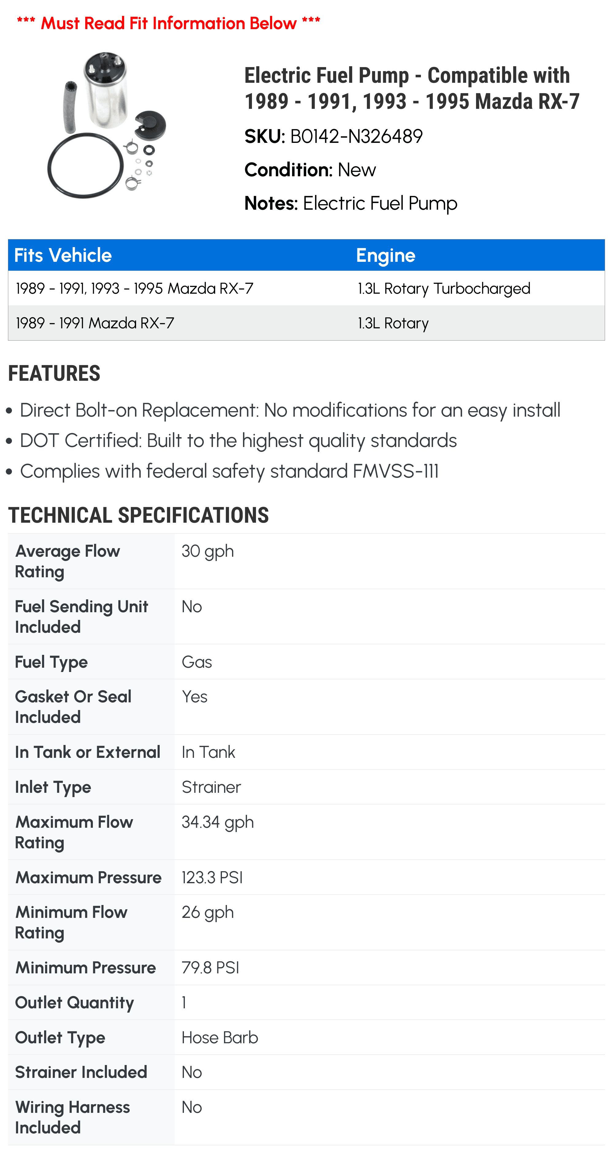 Electric Fuel Pump - Compatible with 1989 - 1991, 1993 - 1995 Mazda RX-7 1990 1994