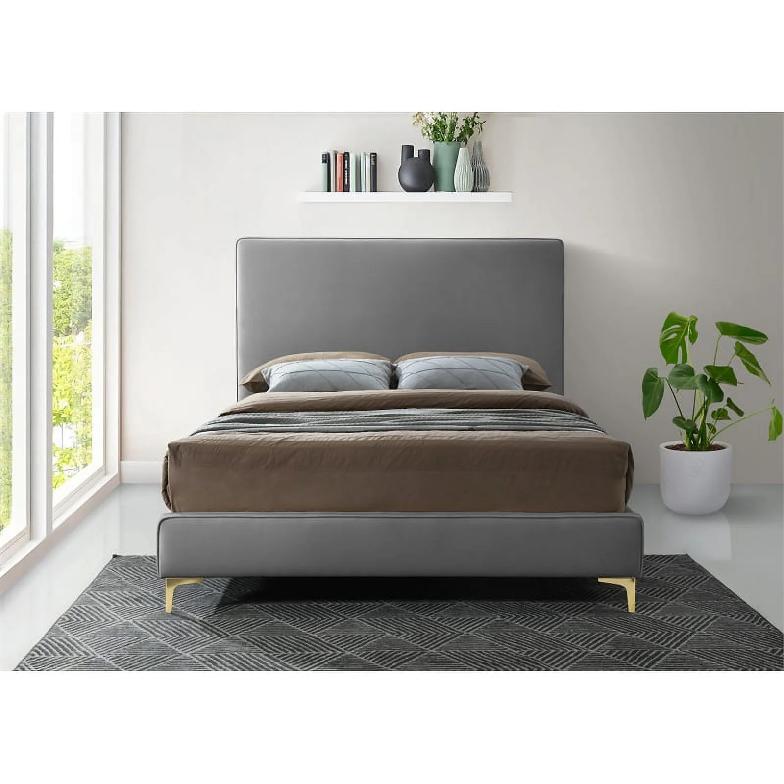 Meridian Furniture Geri Gray Velvet Queen Bed with Gold and Chrome Legs Included