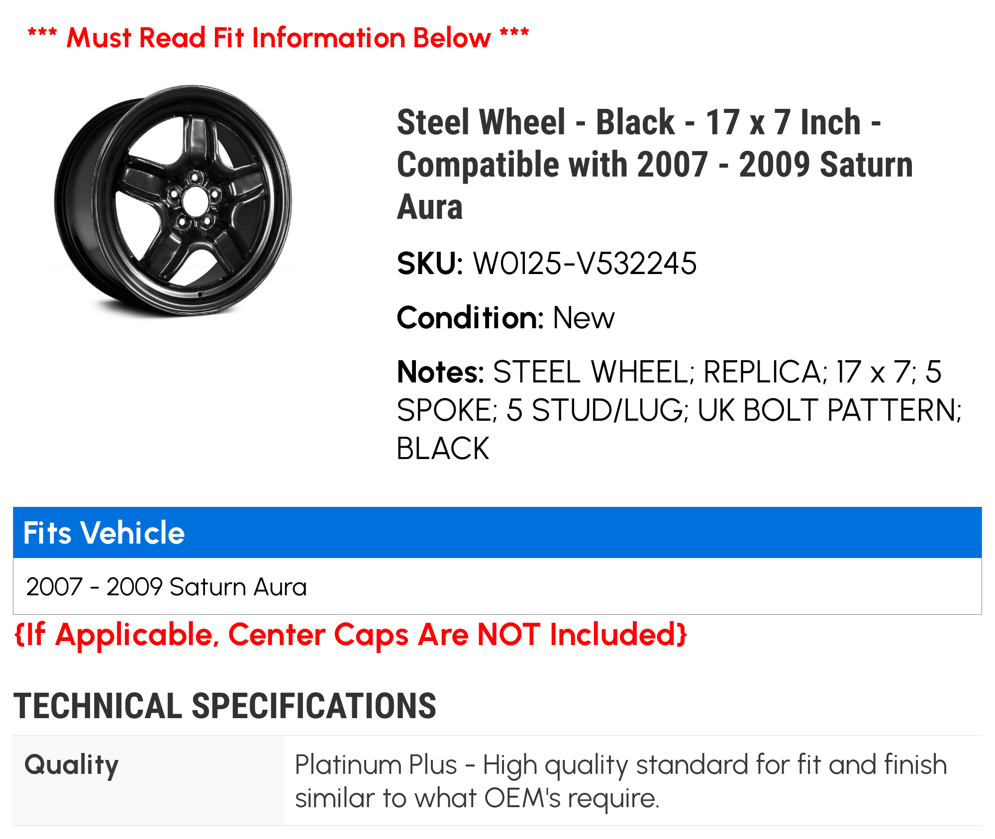 Steel Wheel - Black - 17 x 7 Inch - Compatible with 2007 - 2009 Saturn Aura 2008