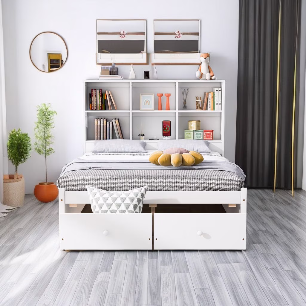 Full Size Platform Bed with Storage Headboard Charging Station and 2 Drawers, Storage Platform Bed