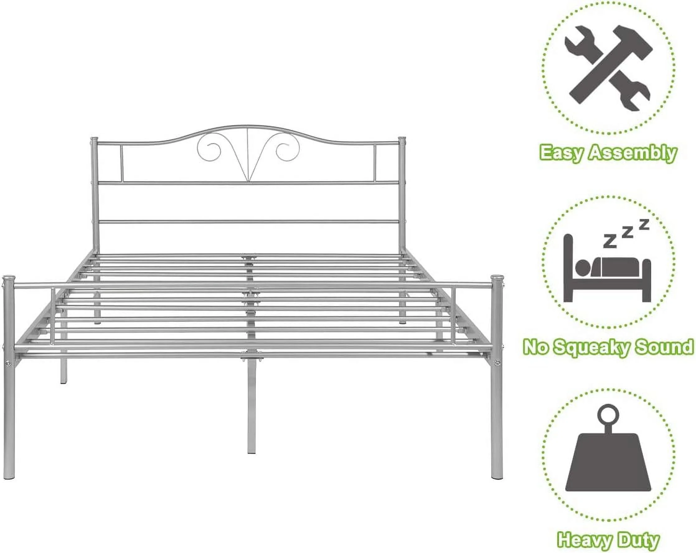 Heavy Duty Metal Queen Size Bed Frame Steel Mattress Foundation Silver Coated Headboard Single Bed, No Box Spring Needed Storage Needed
