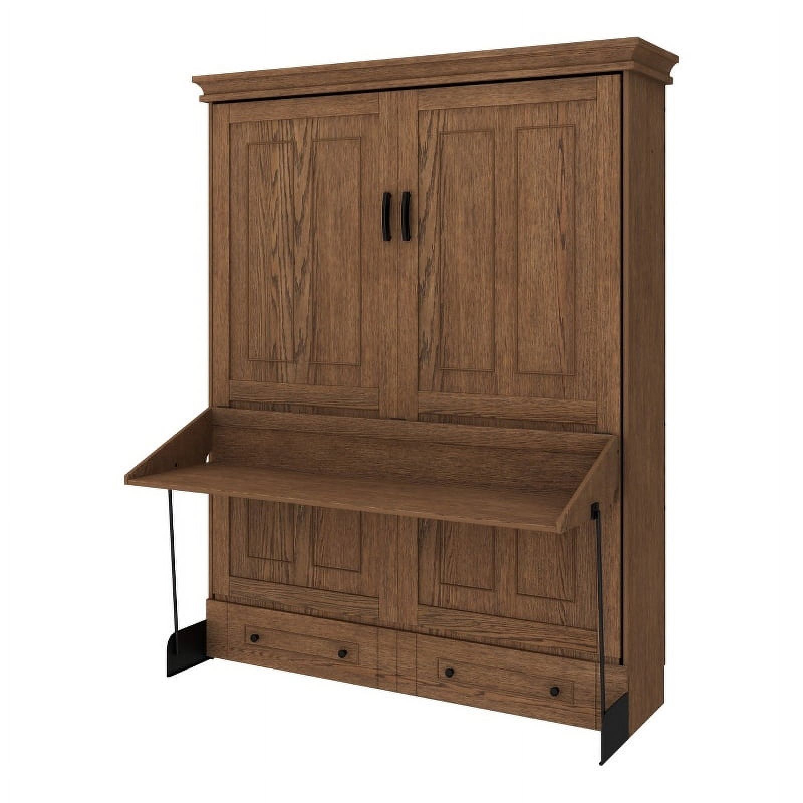 Pemberly Row Transitional Queen Solid Wood Murphy Wall Desk Bed in Brown