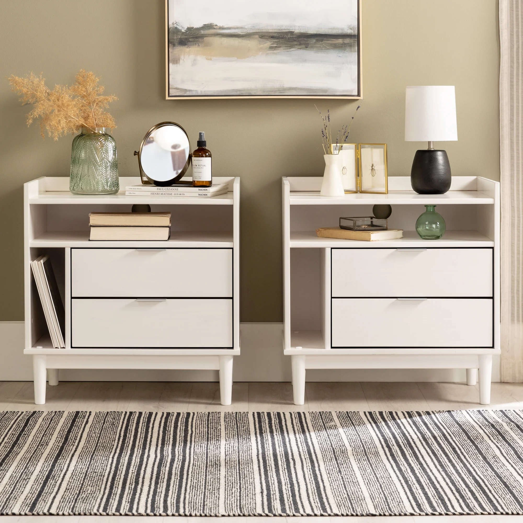 Walker Edison Mid-Century Modern 2-Drawer Wood Nightstand, Set of 2, White