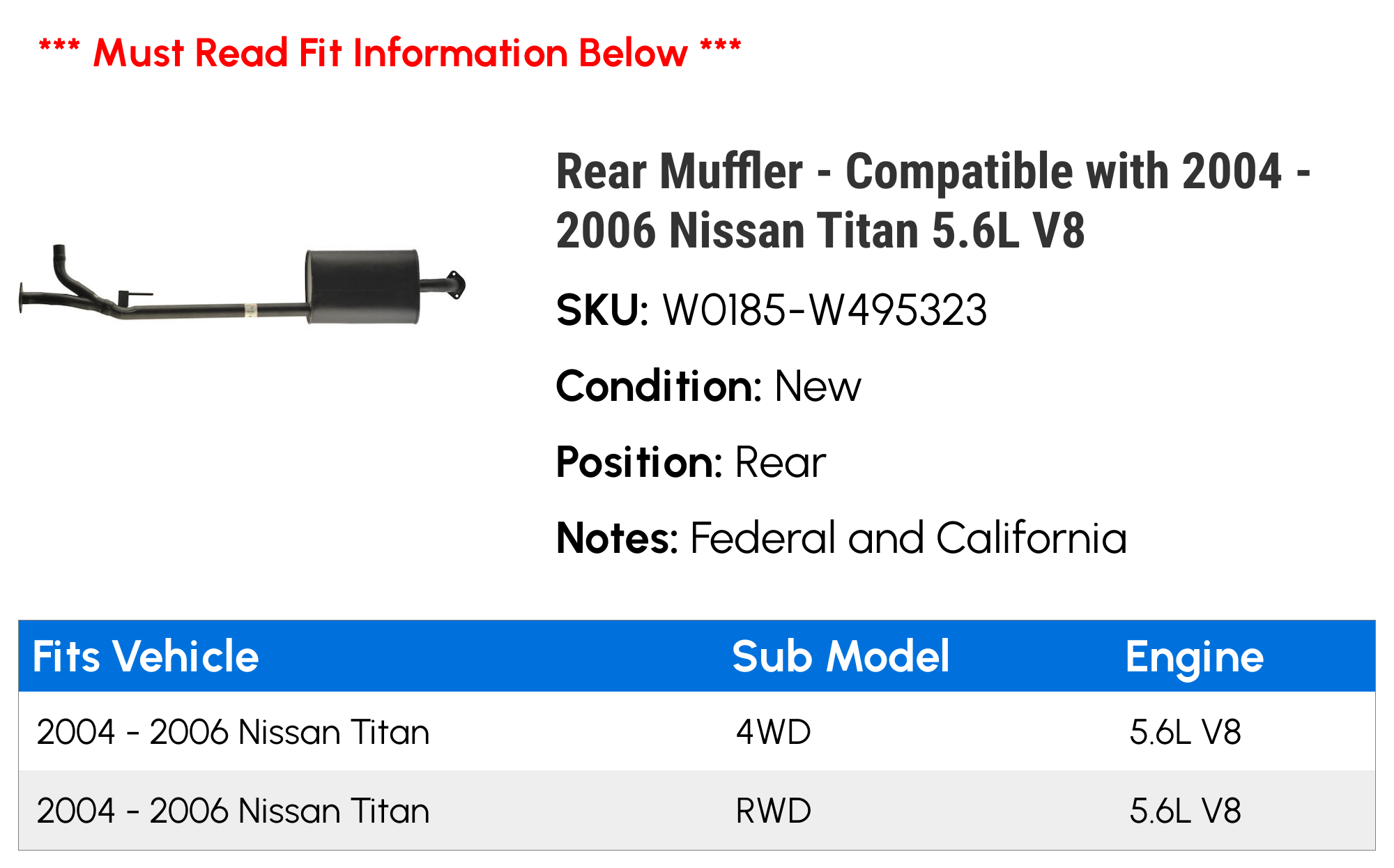 Rear Muffler - Compatible with 2004 - 2006 Nissan Titan 5.6L V8 2005