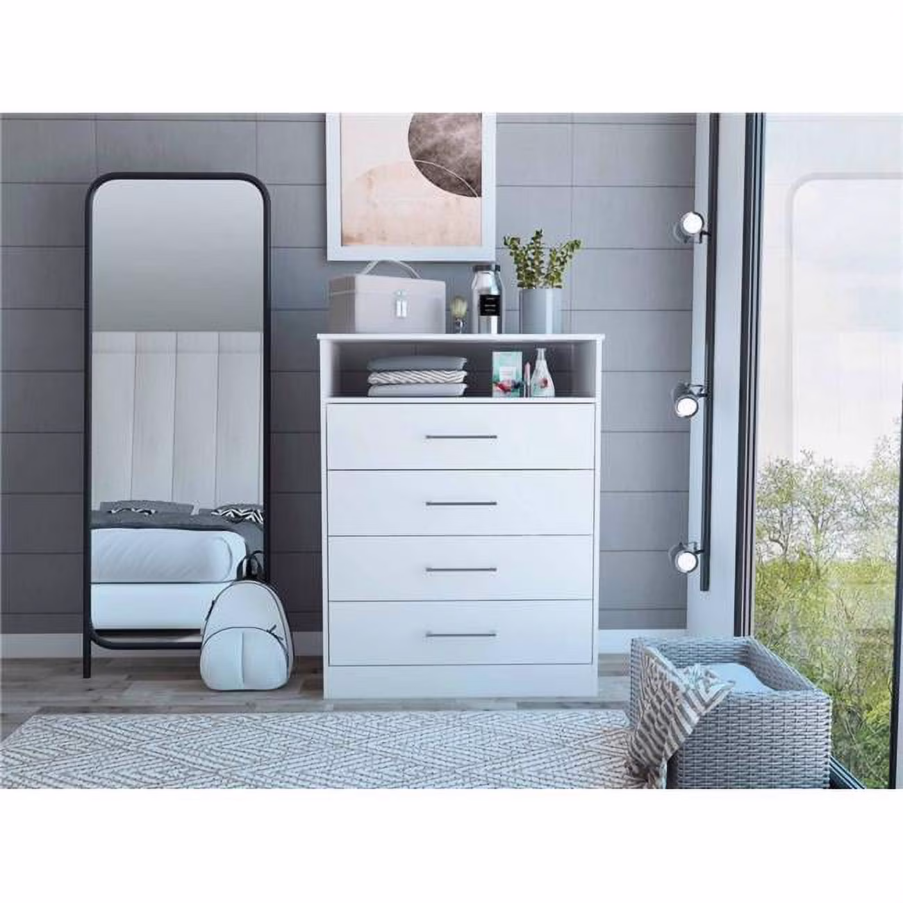 HomeRoots  Modern White Four Drawer Dresser with Hutch