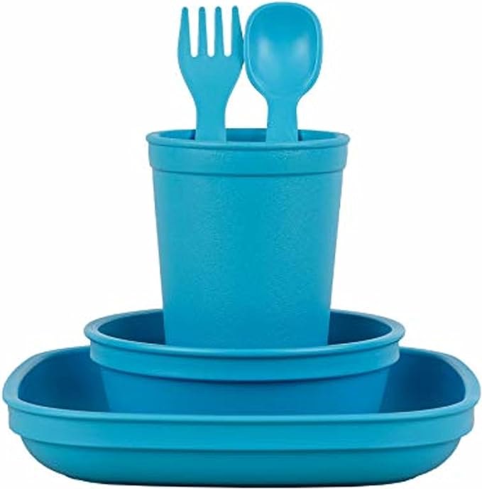 Re Play Made in The USA Environmentally Friendly Dinnerware Set for Toddlers and Children - Drinking Cup, Deep Walled Plate, Bowl, Spoon & Fork Set (Sky Blue)