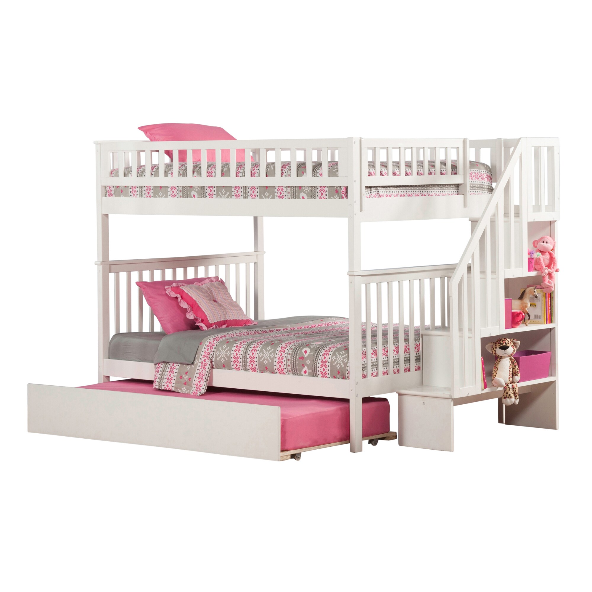 AFI Woodland Staircase Bunk Bed Full over Full with Twin Trundle in White
