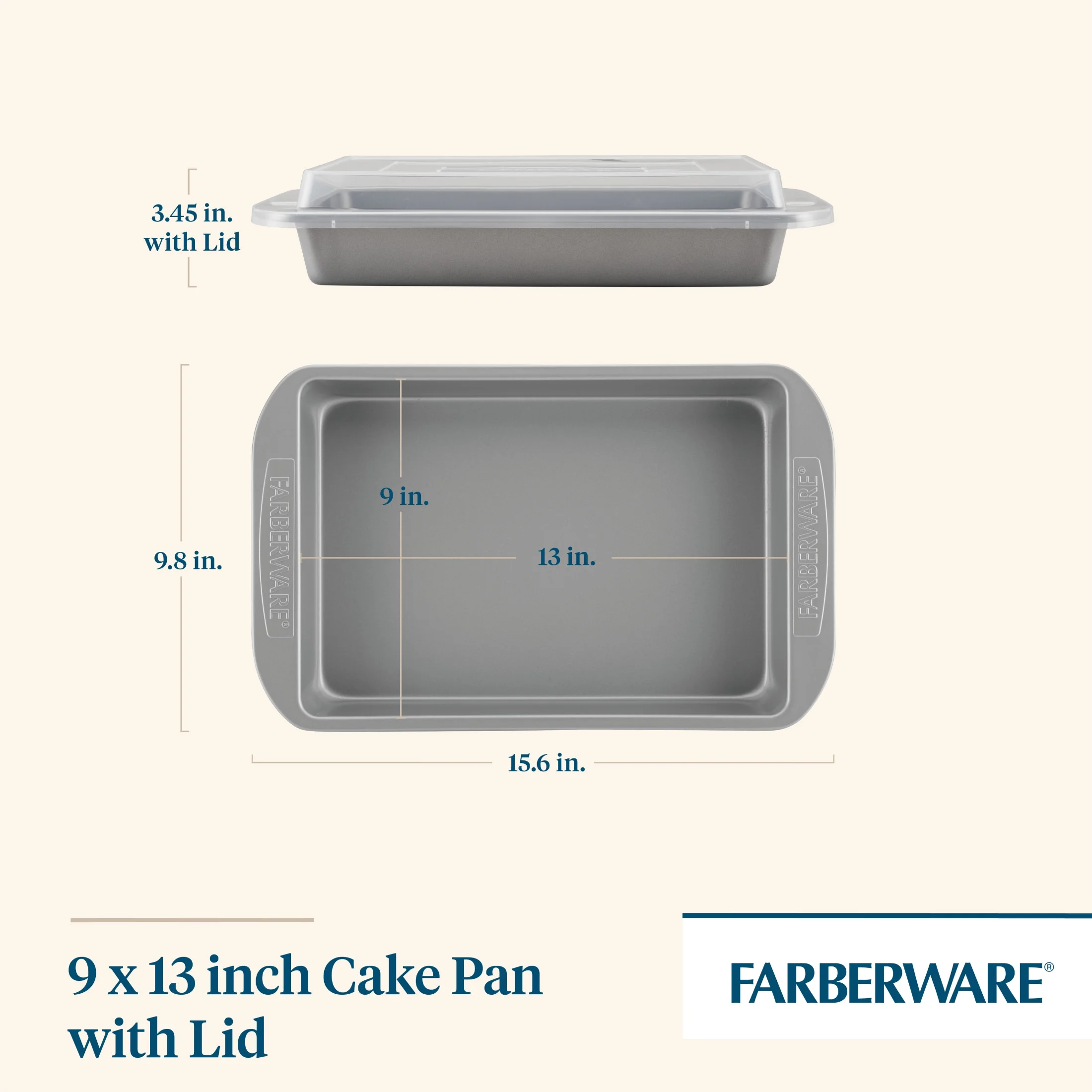 Farberware 9-Inch x 13-Inch Nonstick Bakeware Covered Rectangular Cake Pan, Gray