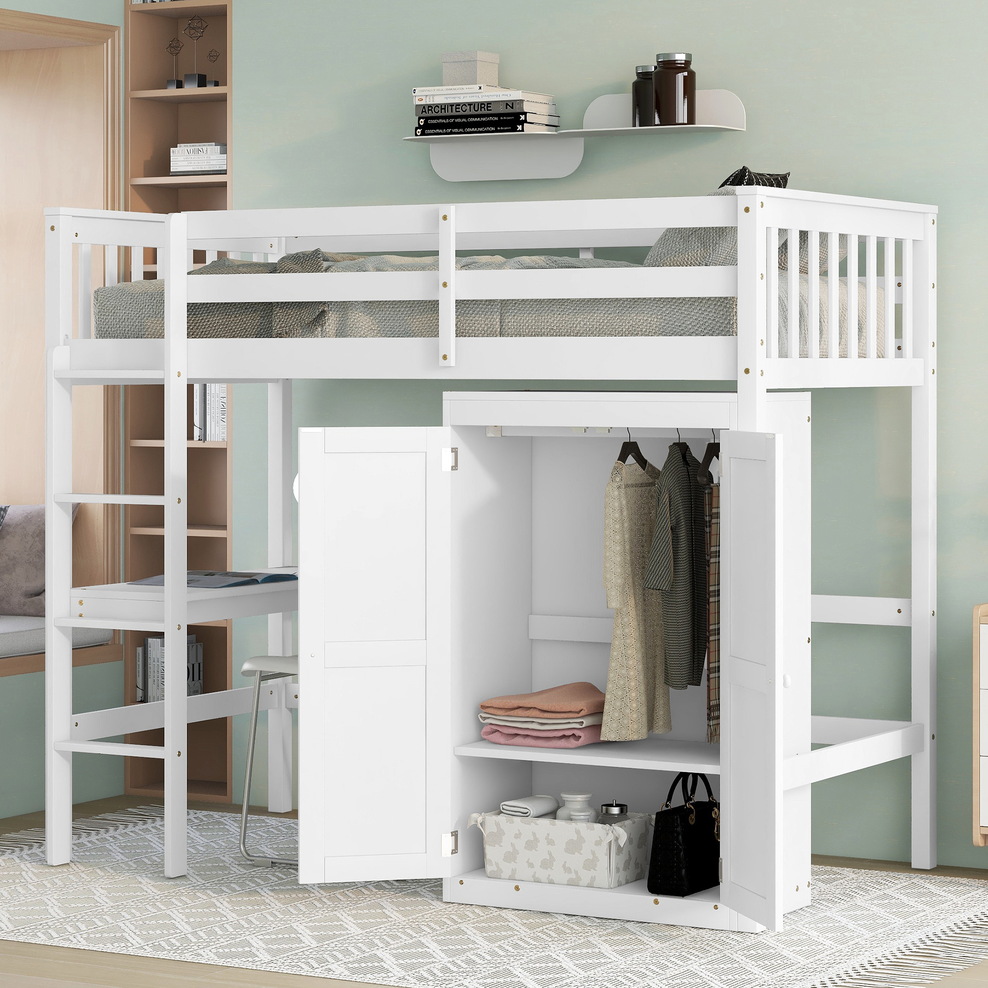paproos Twin Size Loft Bed with Desk and Wardrobe, New Upgraded Wooden Loft Bed Frame with Storage Space, High Loft Bed Frame Twin for Kids Teens Adults Girls Boys, No Box Spring Needed, White