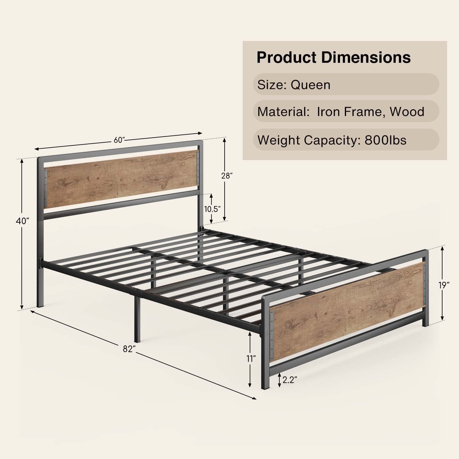 Queen Metal Platform Bed Frame With Wooden Headboard, 15 Iron Slats, Large Underbed Storage, Easy Assembly, No Box Spring Needed