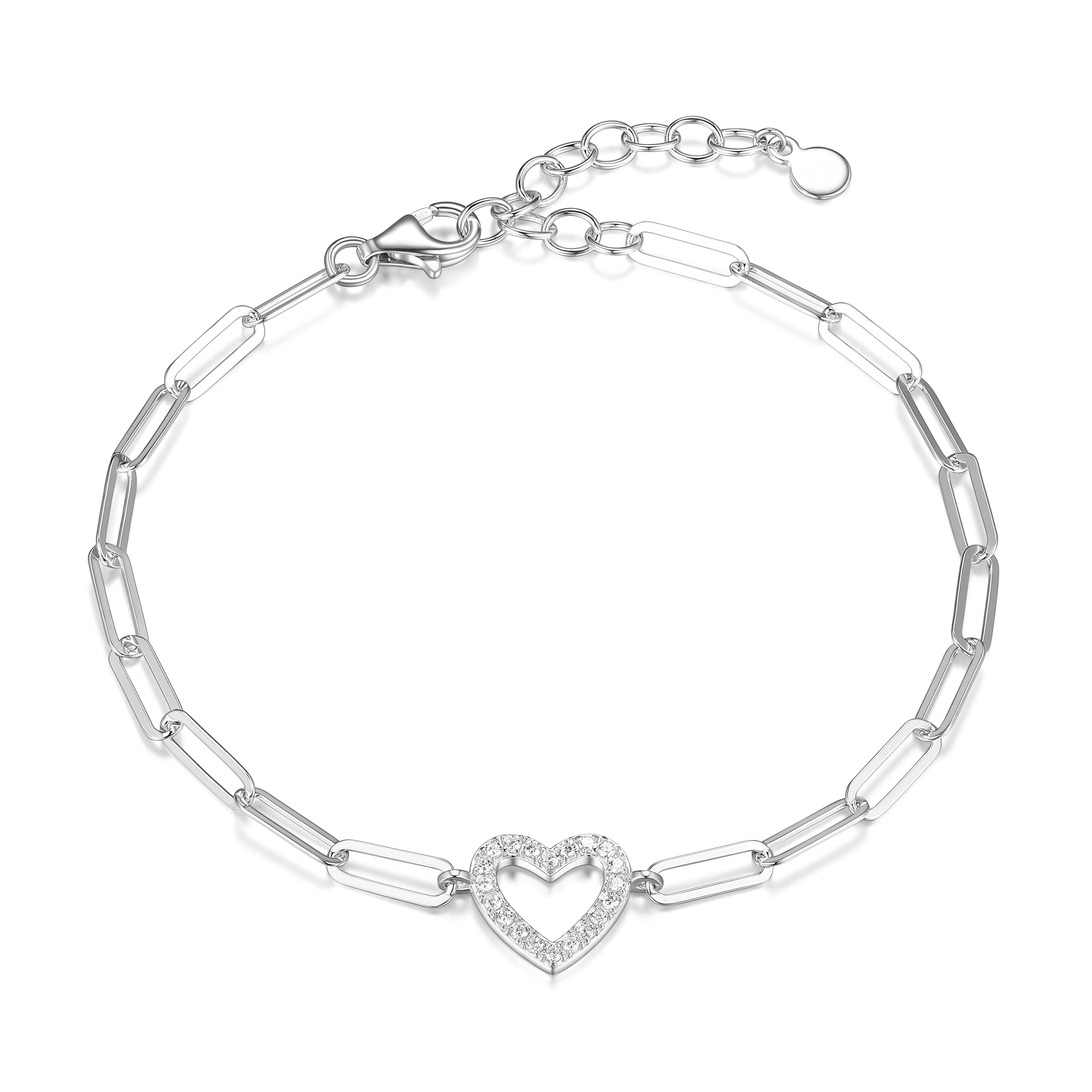 Forever Facets CZ Heart Paperclip Bracelet in Sterling Silver, 6.75