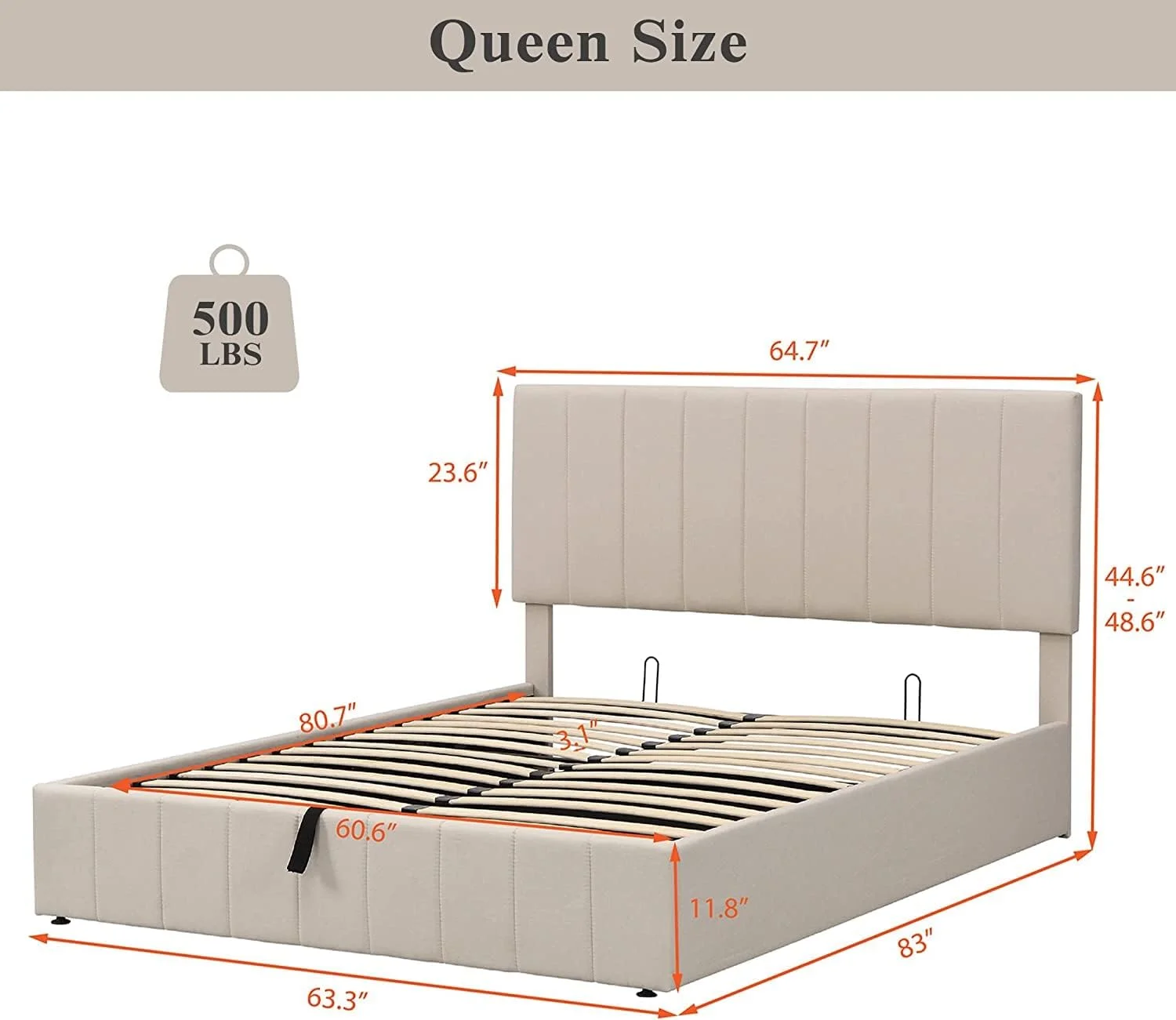 Quee Upholsered Plaform Bed Wih Gas Lif Up Sorage, Quee Bed Frame Wih Sorage Udereah Ad ufed Headboard, Woode Plaform Bed Wih Hydraulic Sorage Sysem (Quee Bed, Beige )