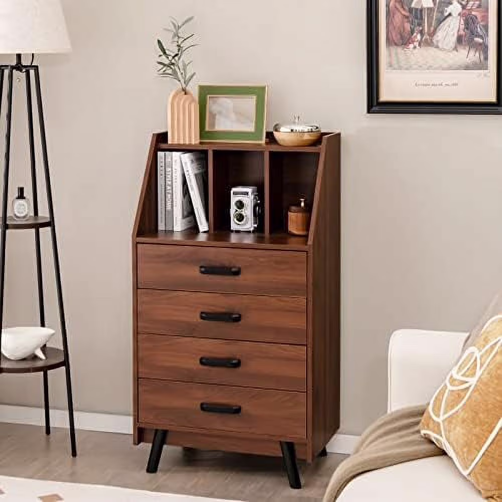 HOOMHIBIU 4 Drawer Dresser for Bedroom  Modern Chest of Drawers with Bookshelf  Wood Dressers & Chests of Drawers  Small Drawers for Bedroom  Living Room  Entryway  Home Office (Walnu