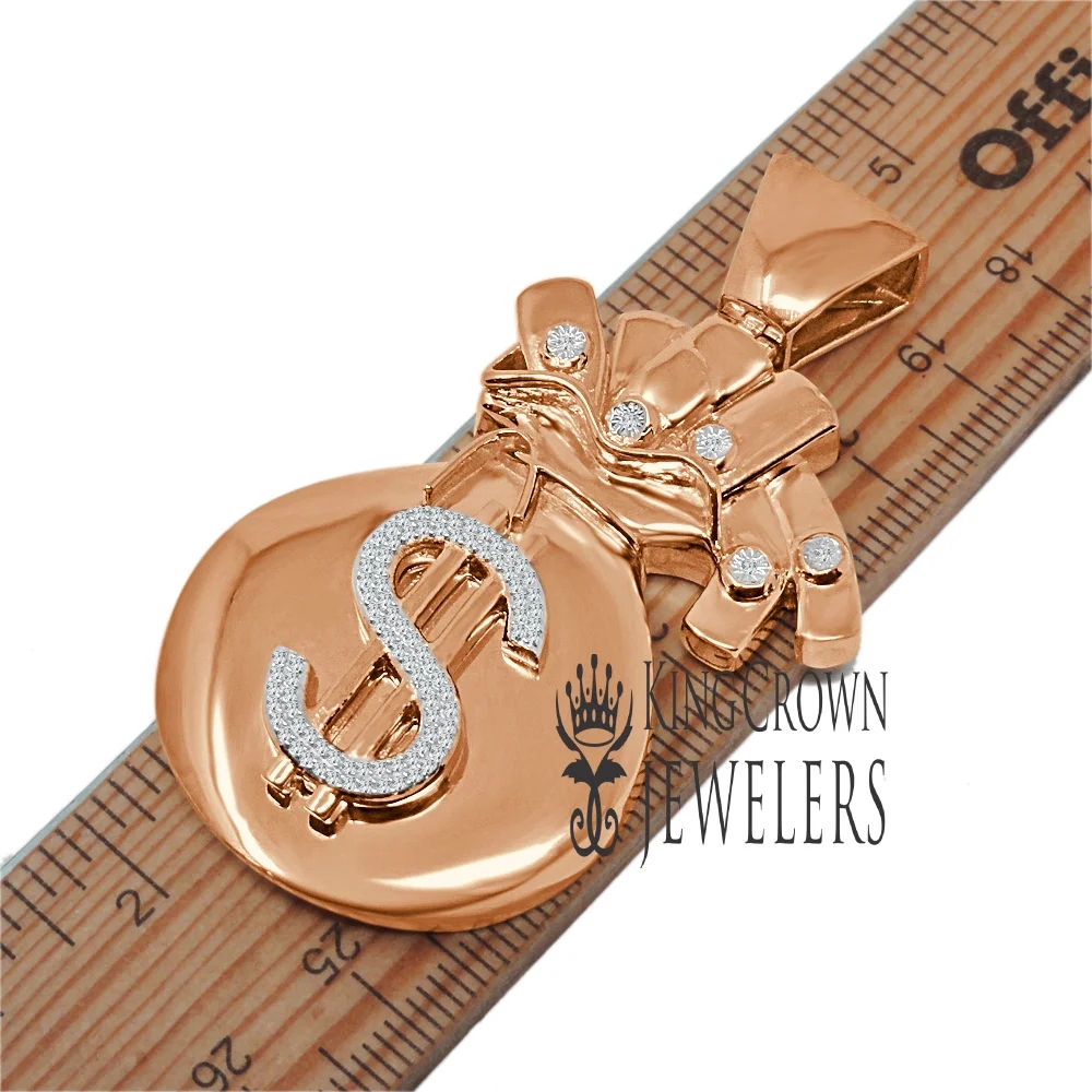 Real Genuine Diamonds Money Bag Pendant Dollar Sign Charm 10K Rose Gold Finish 2.25''