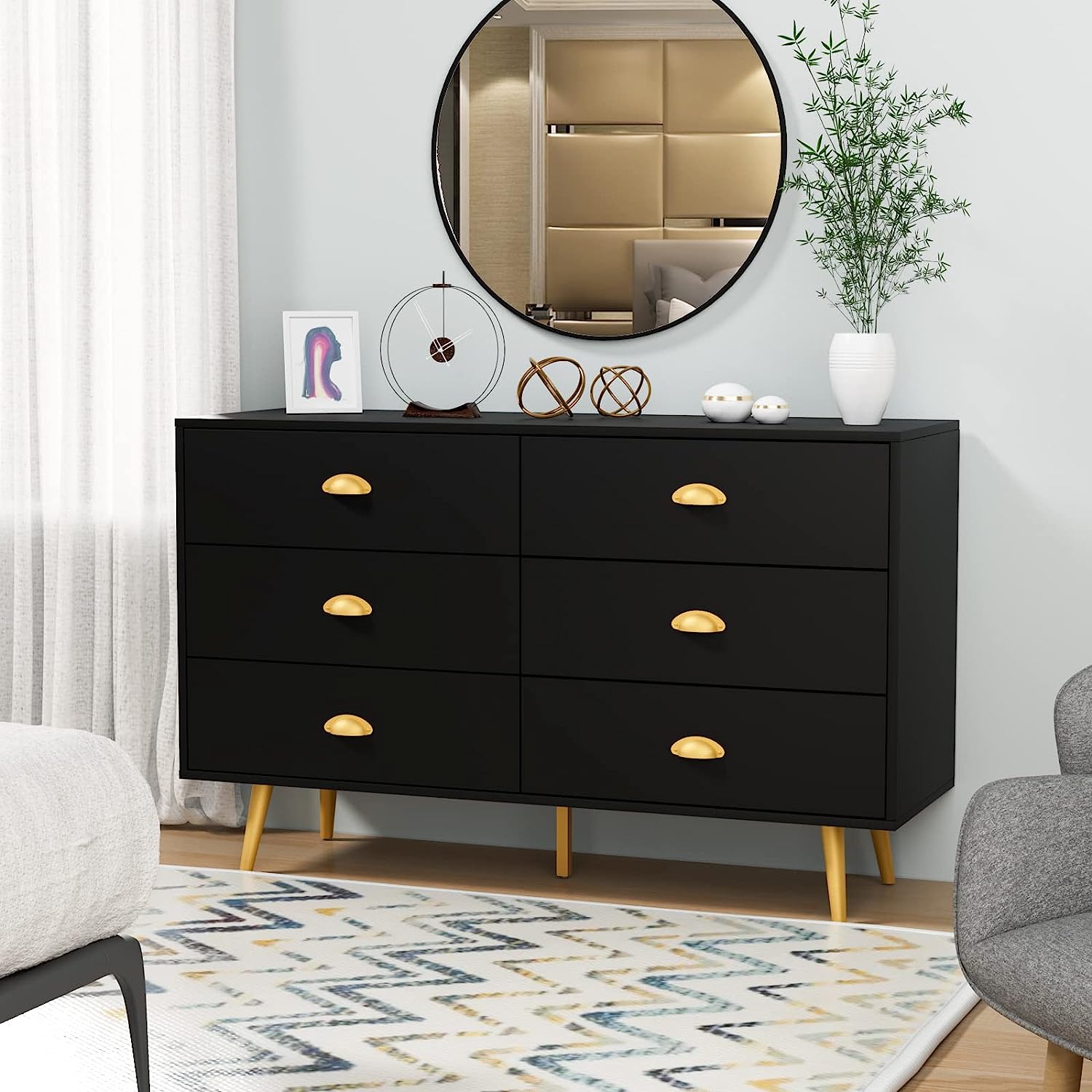 Popular Mid-Century Dresser  6 Drawer Dresser for Bedroom  Modern Walnut Dresser with Metal Handle  Wood Dresser Chest of Drawers for Living Room  Hallway