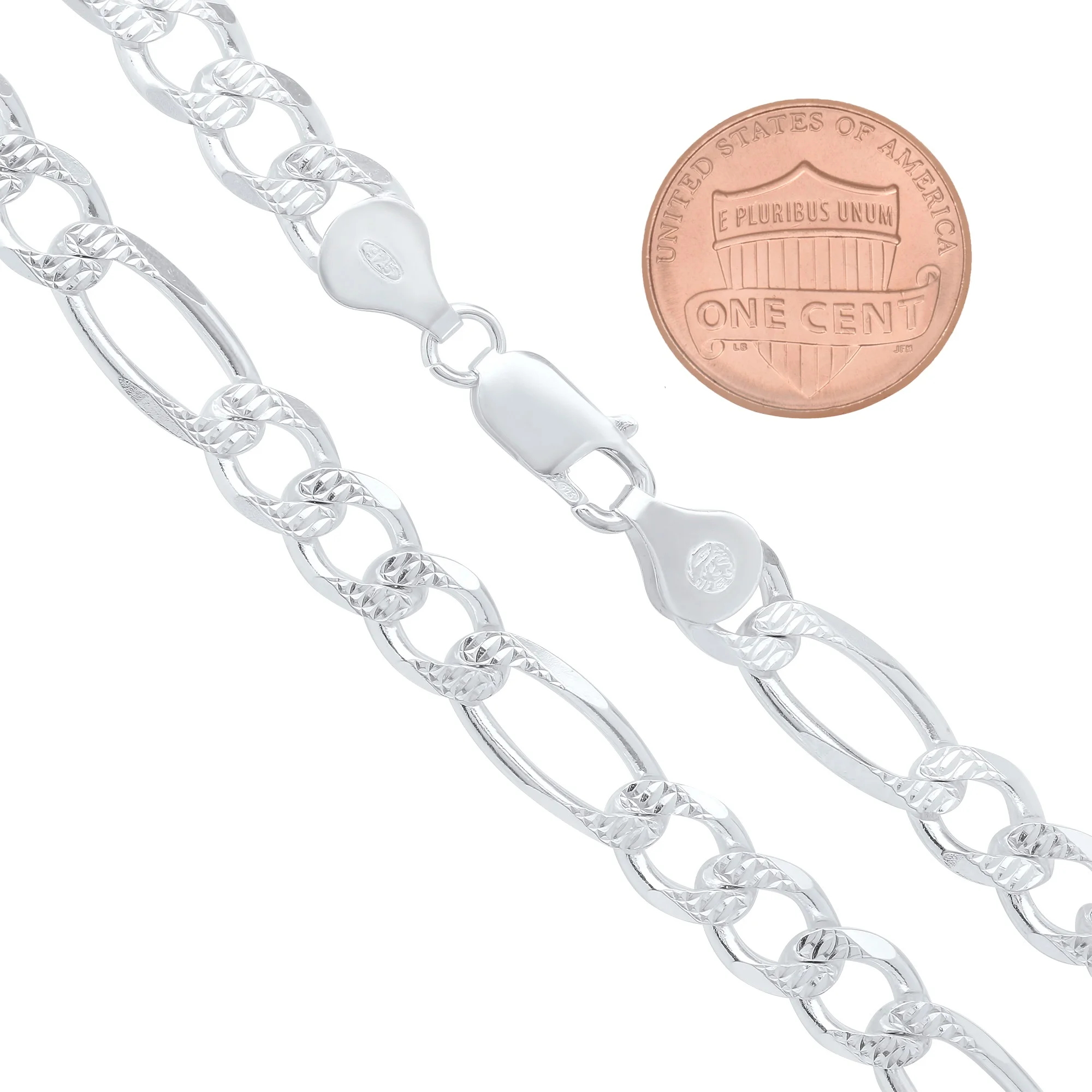 7mm .925 Sterling Silver Diamond-Cut Flat Figaro Choker Chain Necklace, 18 inches + Gift Box
