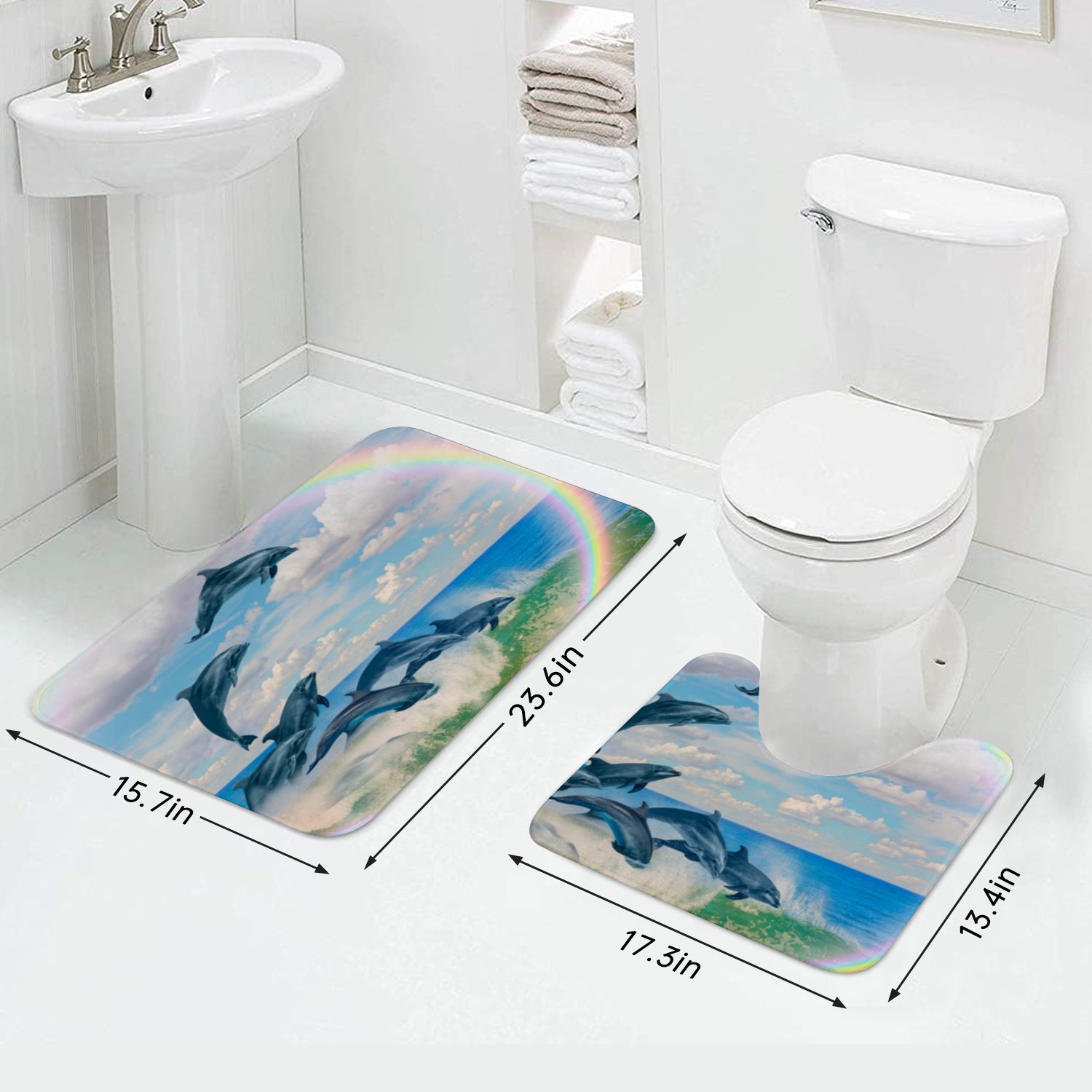Hidove Bathroom Rug Set 2 Piece, Group of Dolphins Jumping on the Water Soft Absorbent Microfiber Bath Rugs and U-Shaped Contour Toilet Rug, Non-Slip Bath Carpet 23.6